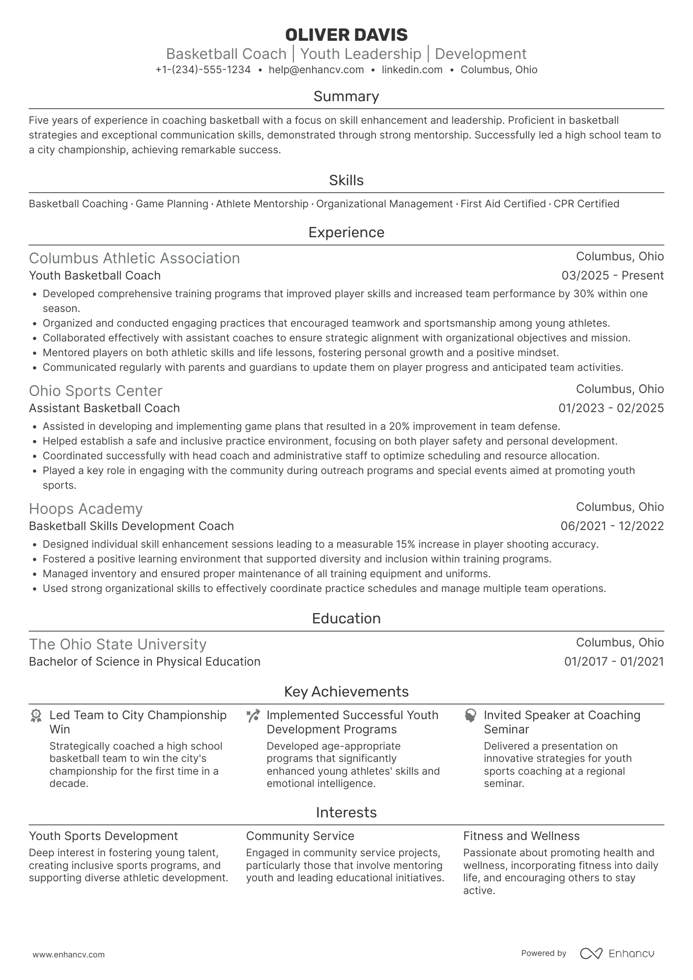 A resume example of a Volunteer Basketball Coach