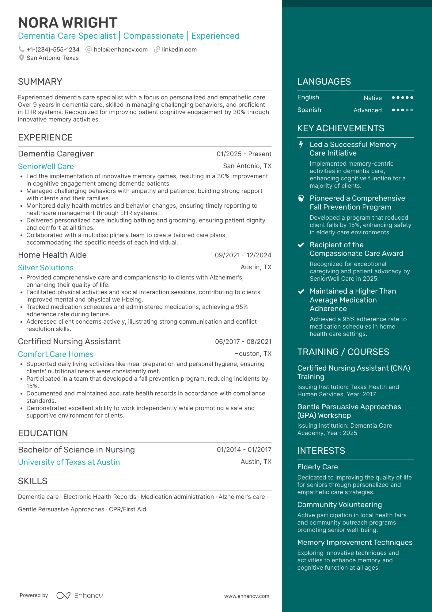 A resume example of a Dementia Caregiver