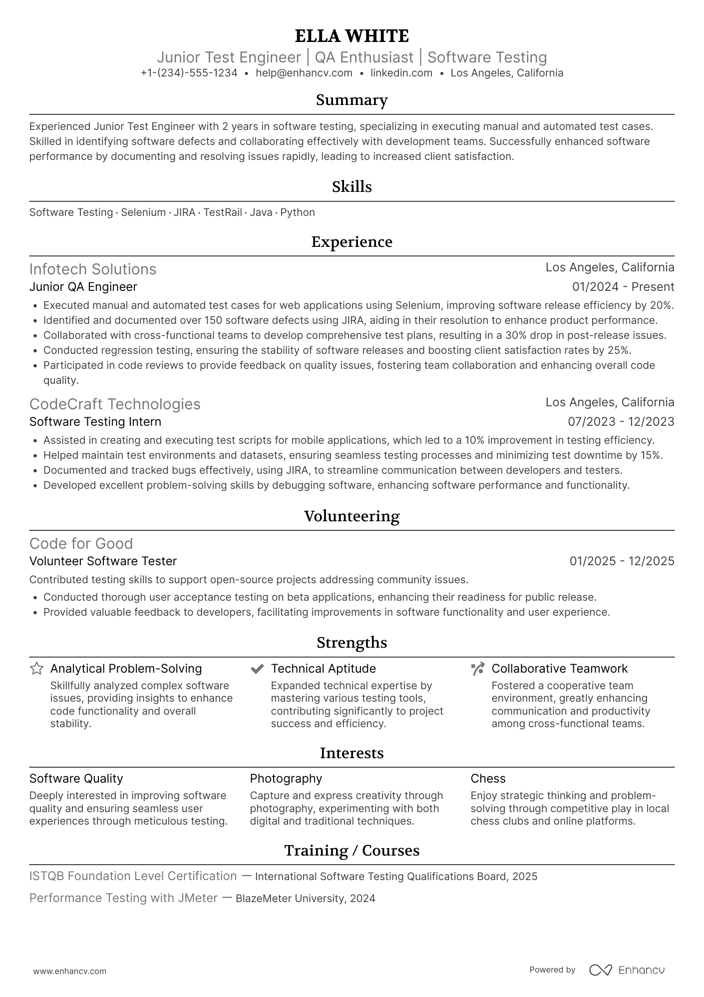 A resume example of a Junior Test Engineer