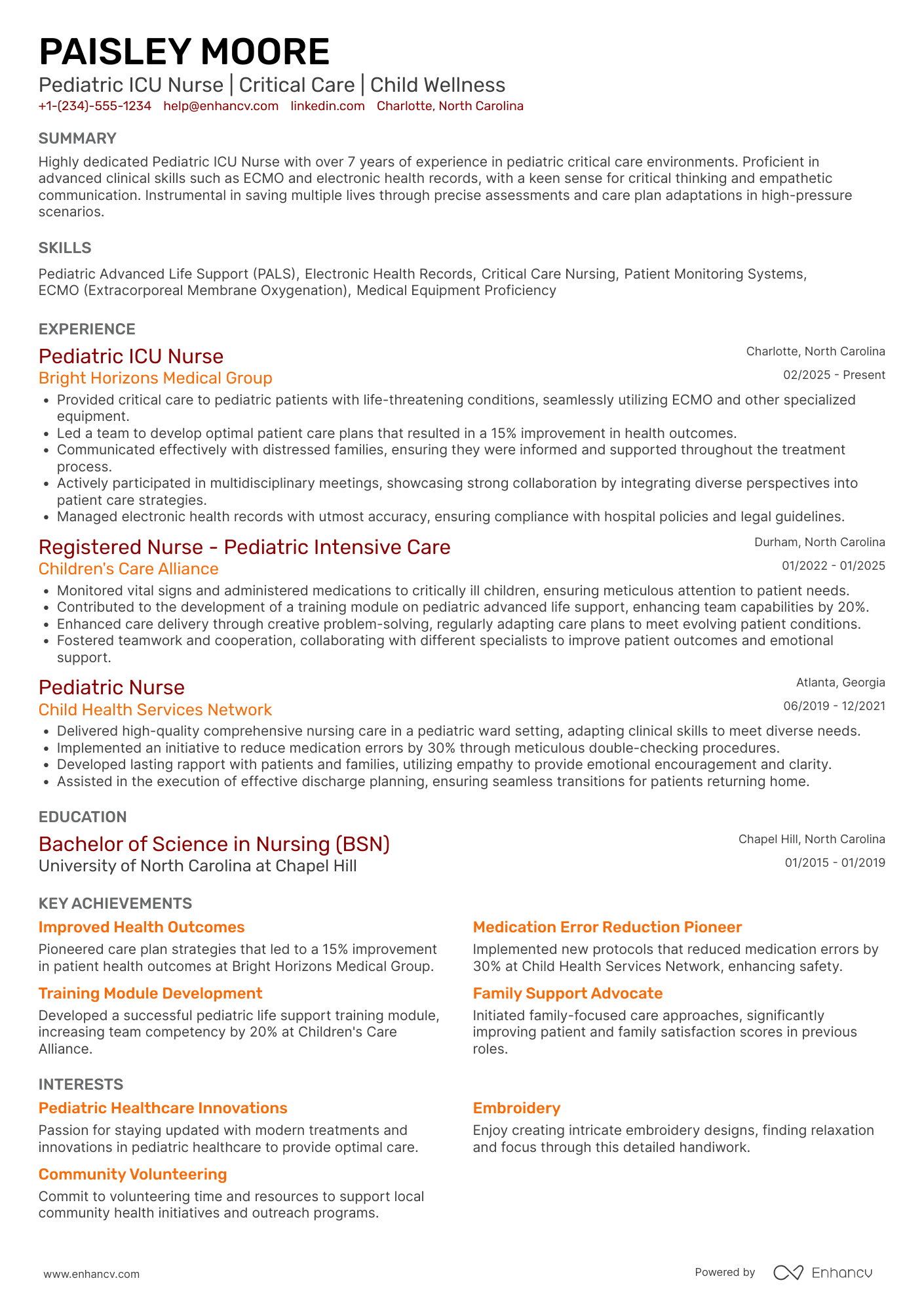 A resume example of a Pediatric Intensive Care Unit Nurse (Pediatric ICU Nurse)