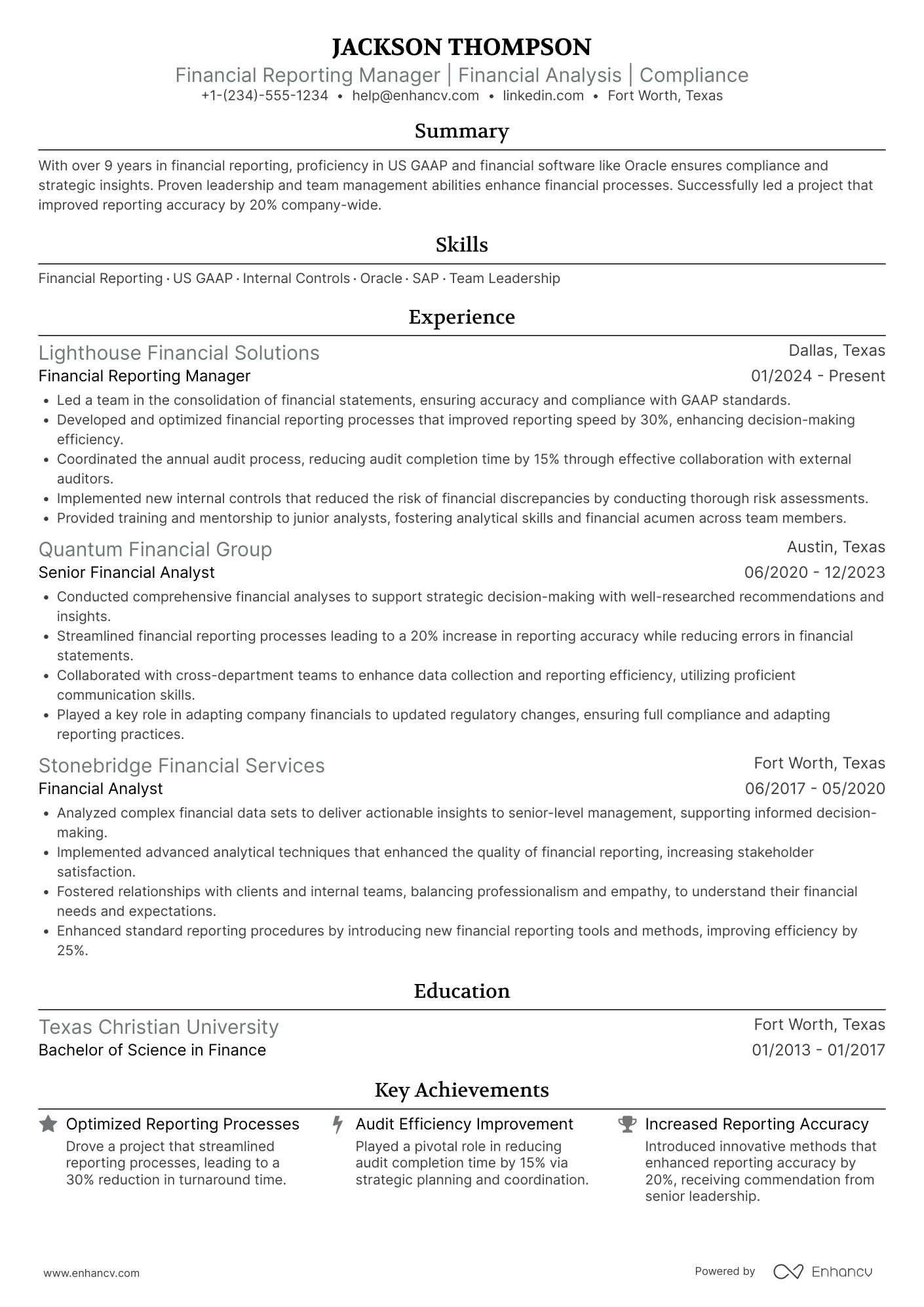 A resume example of a Financial Reporting Manager