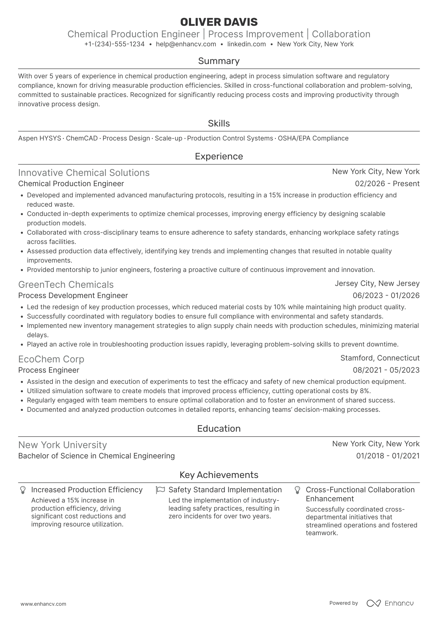 A resume example of a Chemical Production Engineer