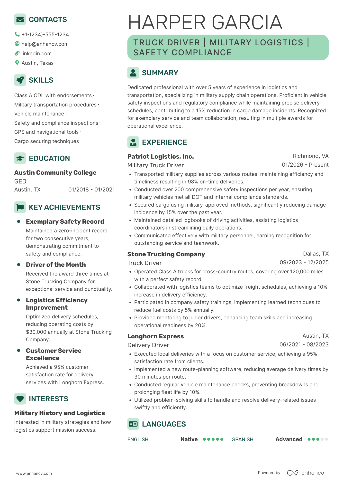 A resume example of a Military Truck Driver