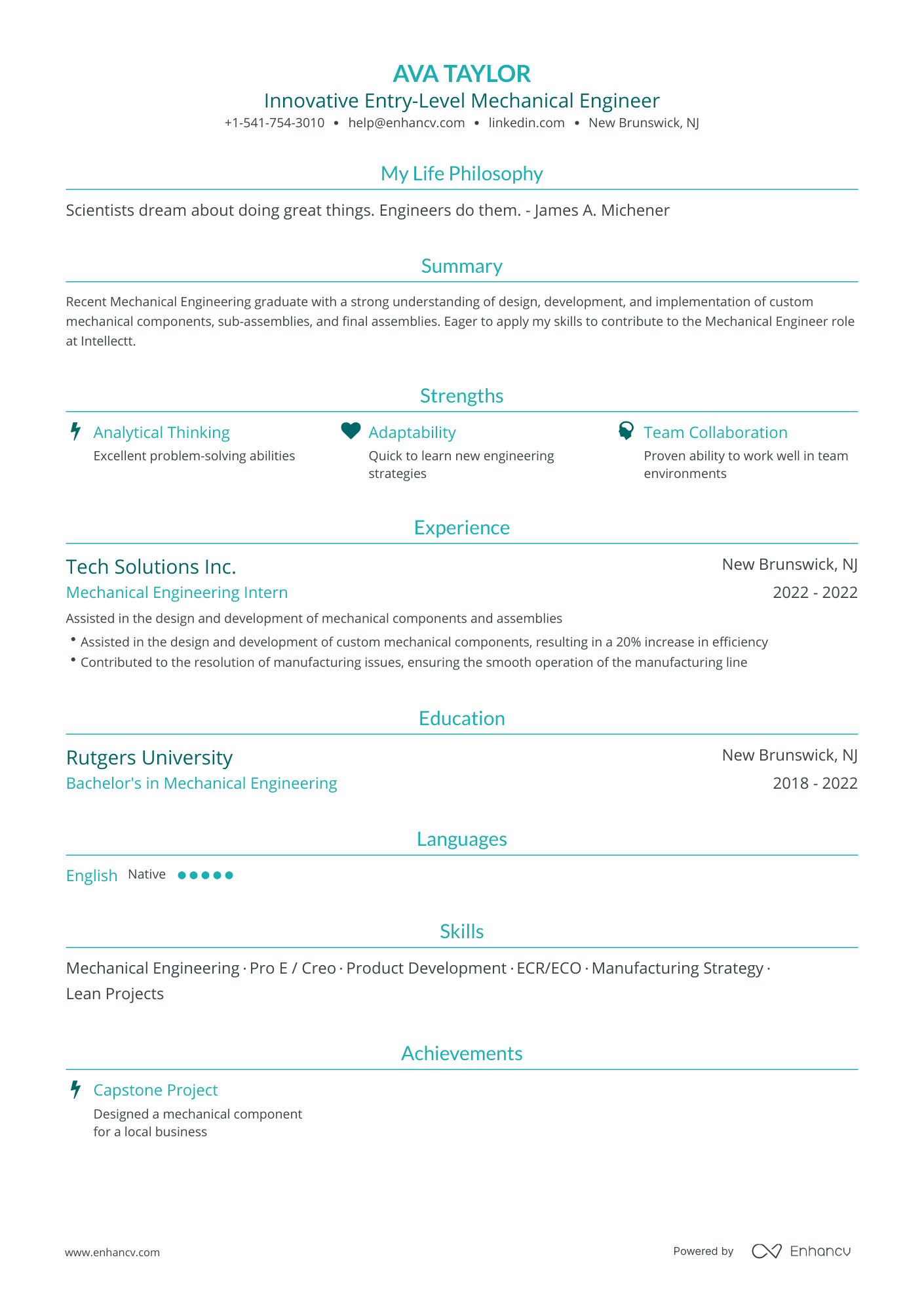 Traditional Entry Level Mechanical Engineer Resume Template