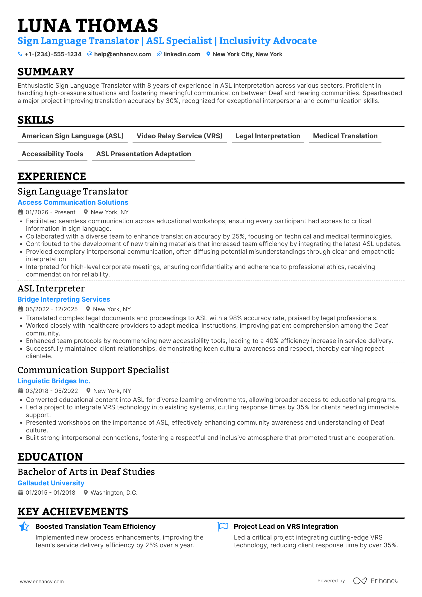 A resume example of a Sign Language Translator