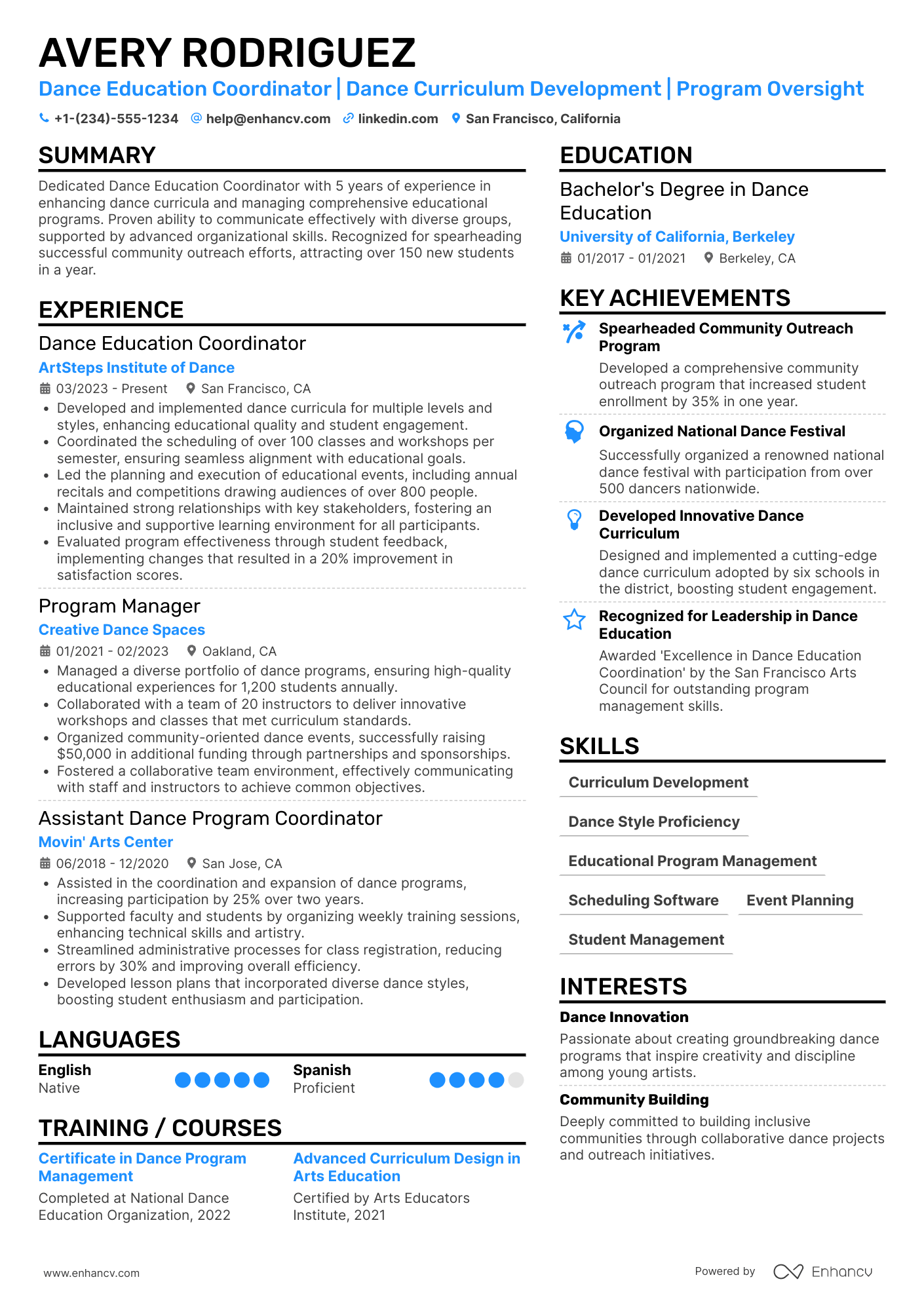 A resume example of a Dance Education Coordinator