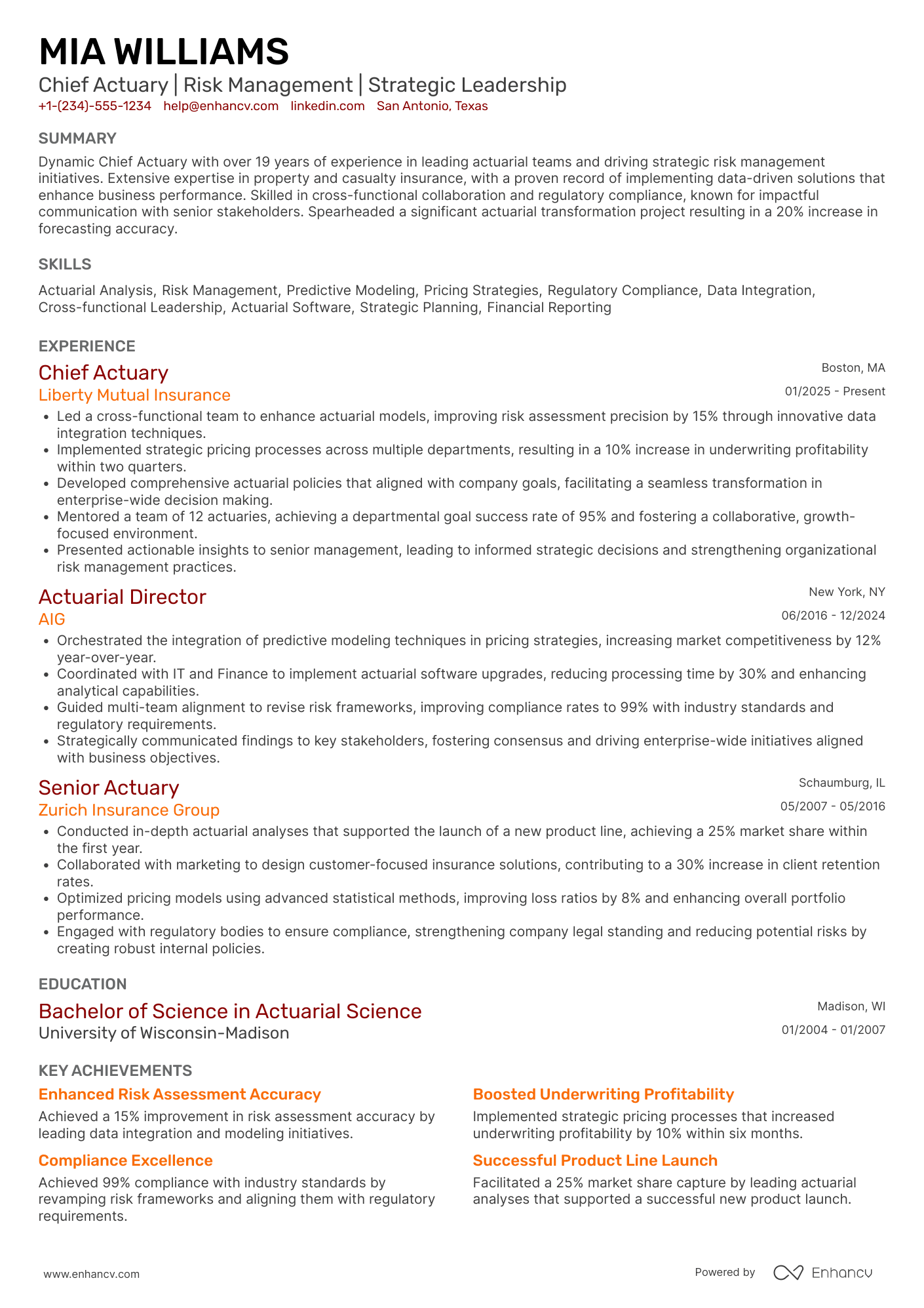 A resume example of a Chief Actuary