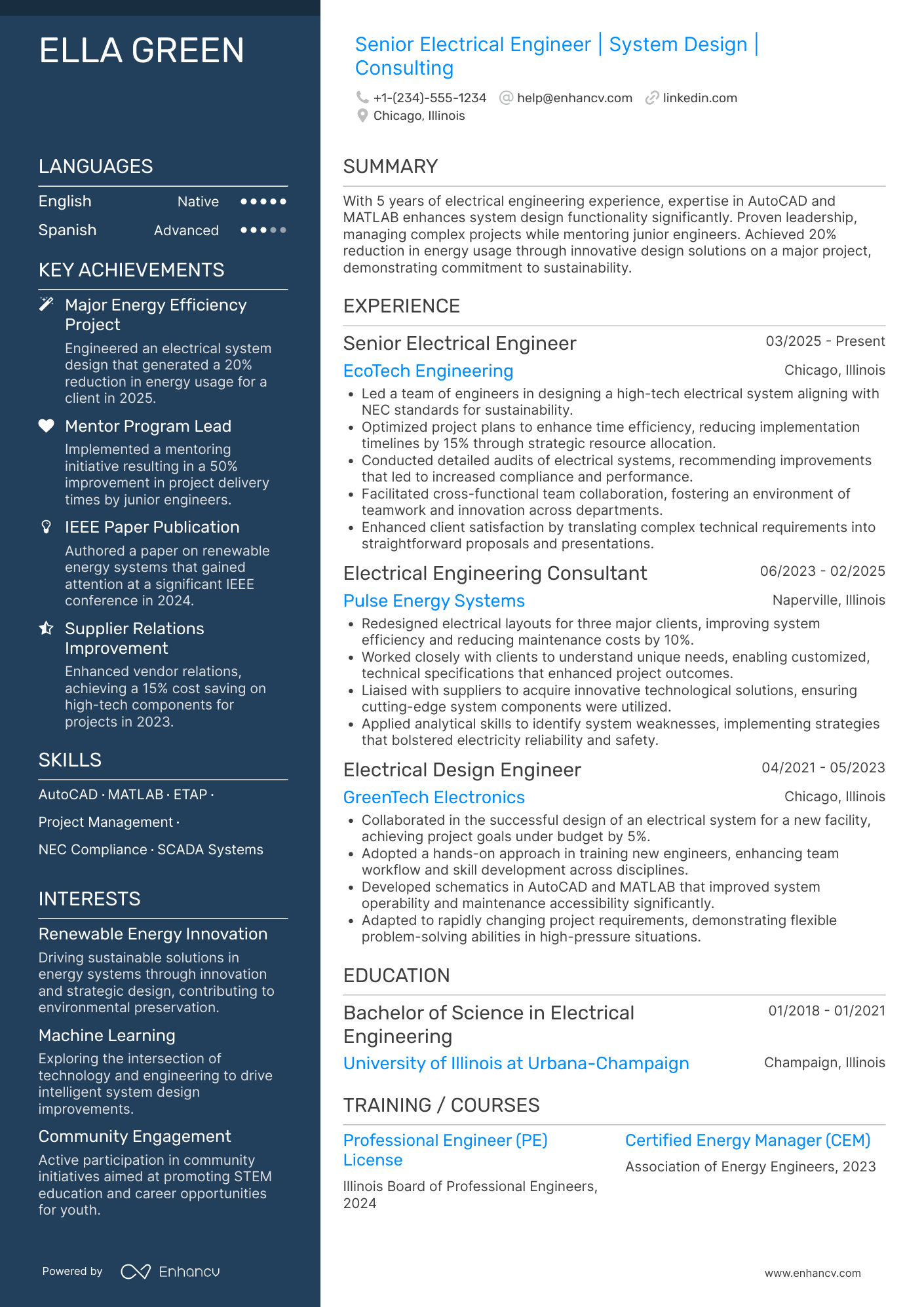 A resume example of a Senior Electrical Engineering Consultant