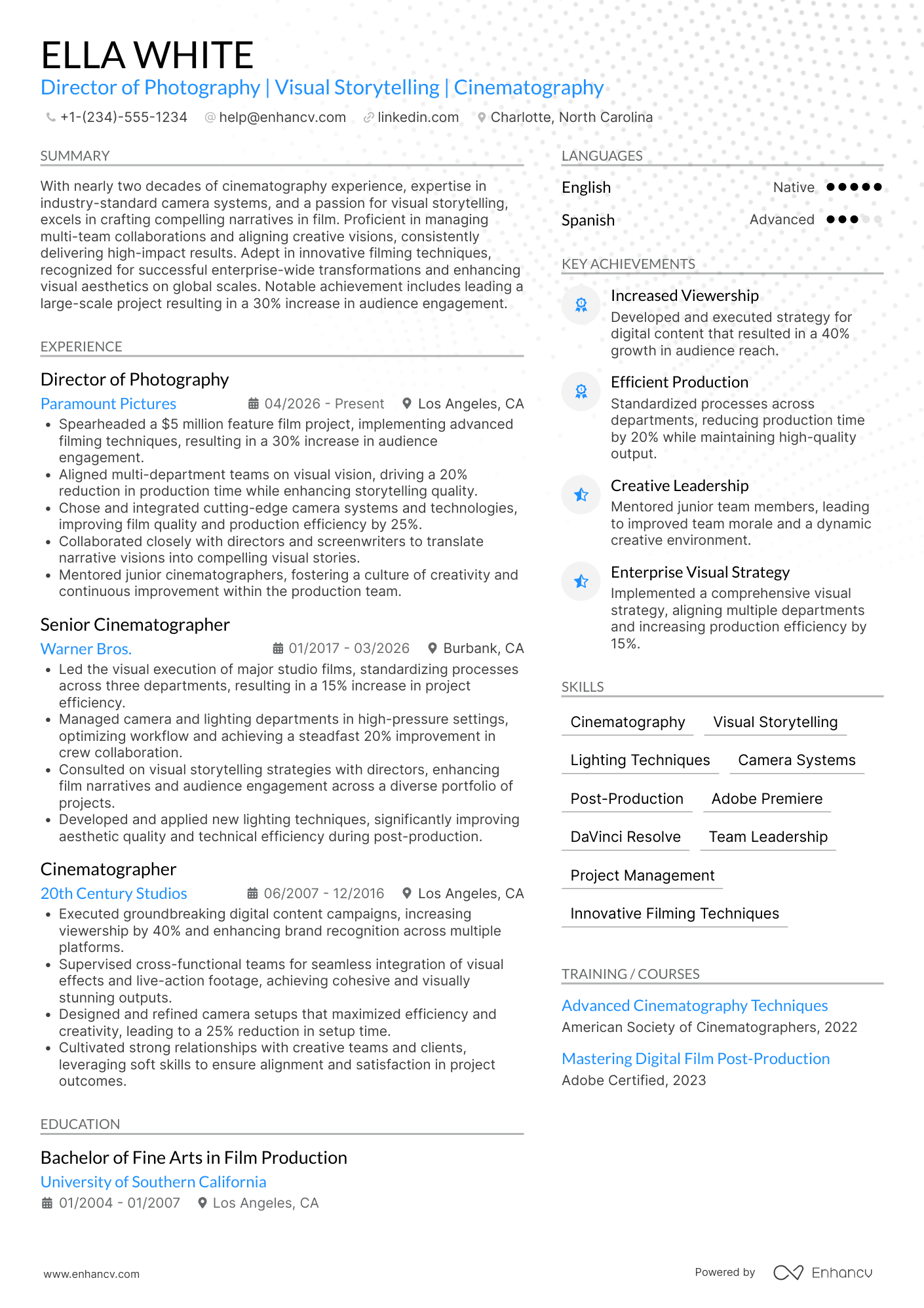 A resume example of a Director of Photography (Cinematographer)