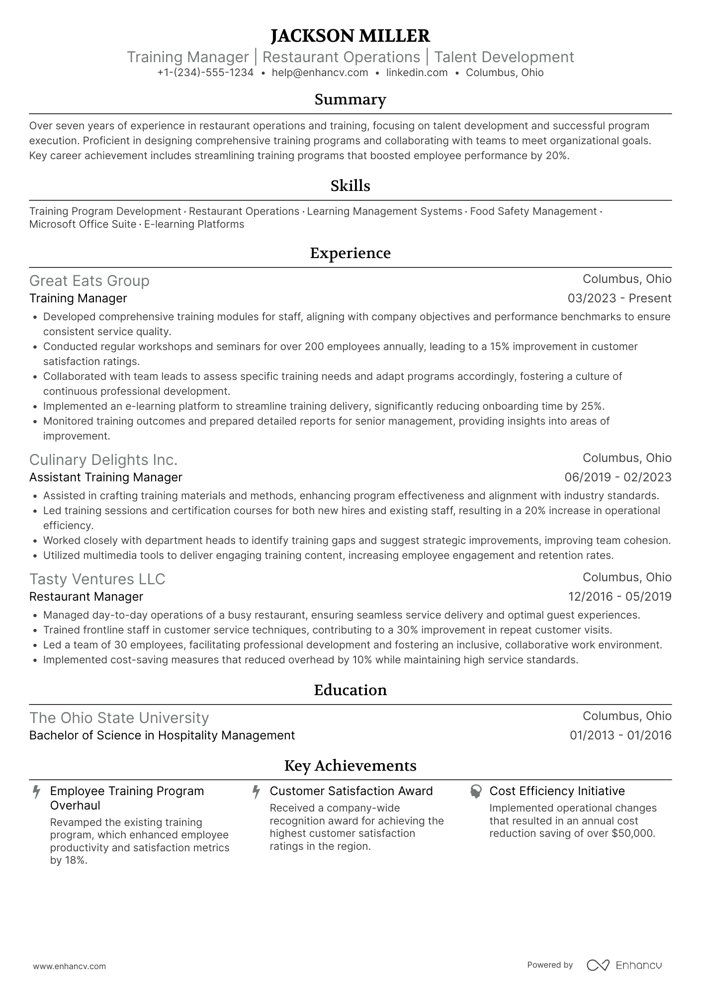 A resume example of a Restaurant Training Manager