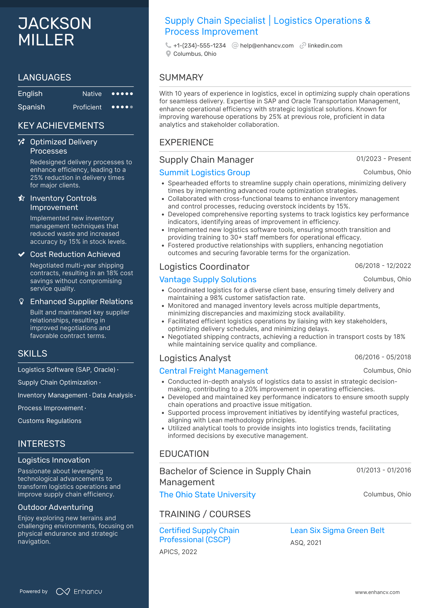 A resume example of a Supply Chain Logistics Coordinator