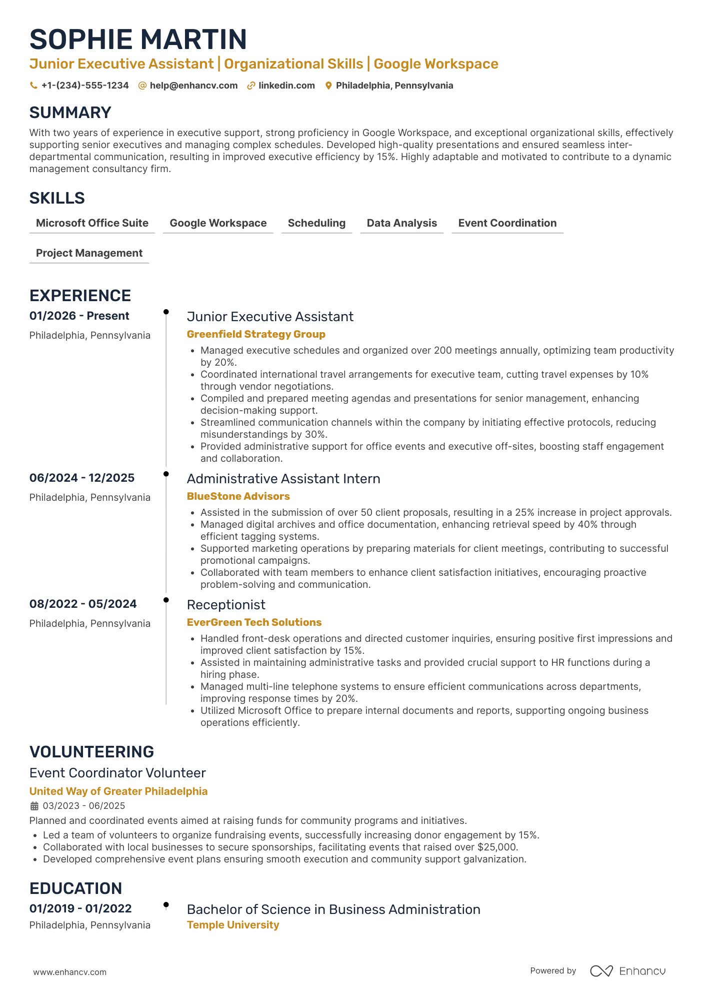 A resume example of a Junior Executive Assistant