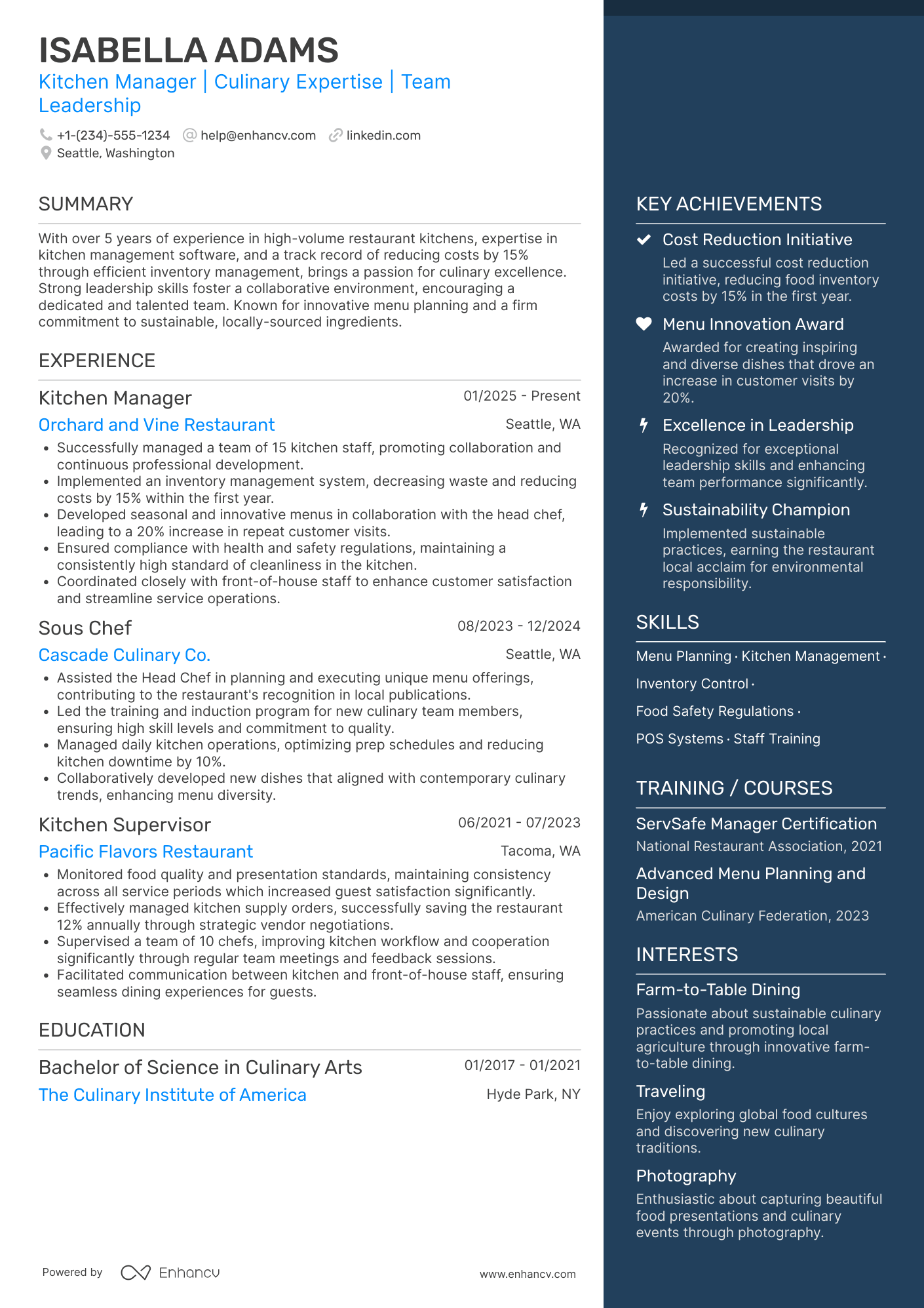 A resume example of a Kitchen Manager