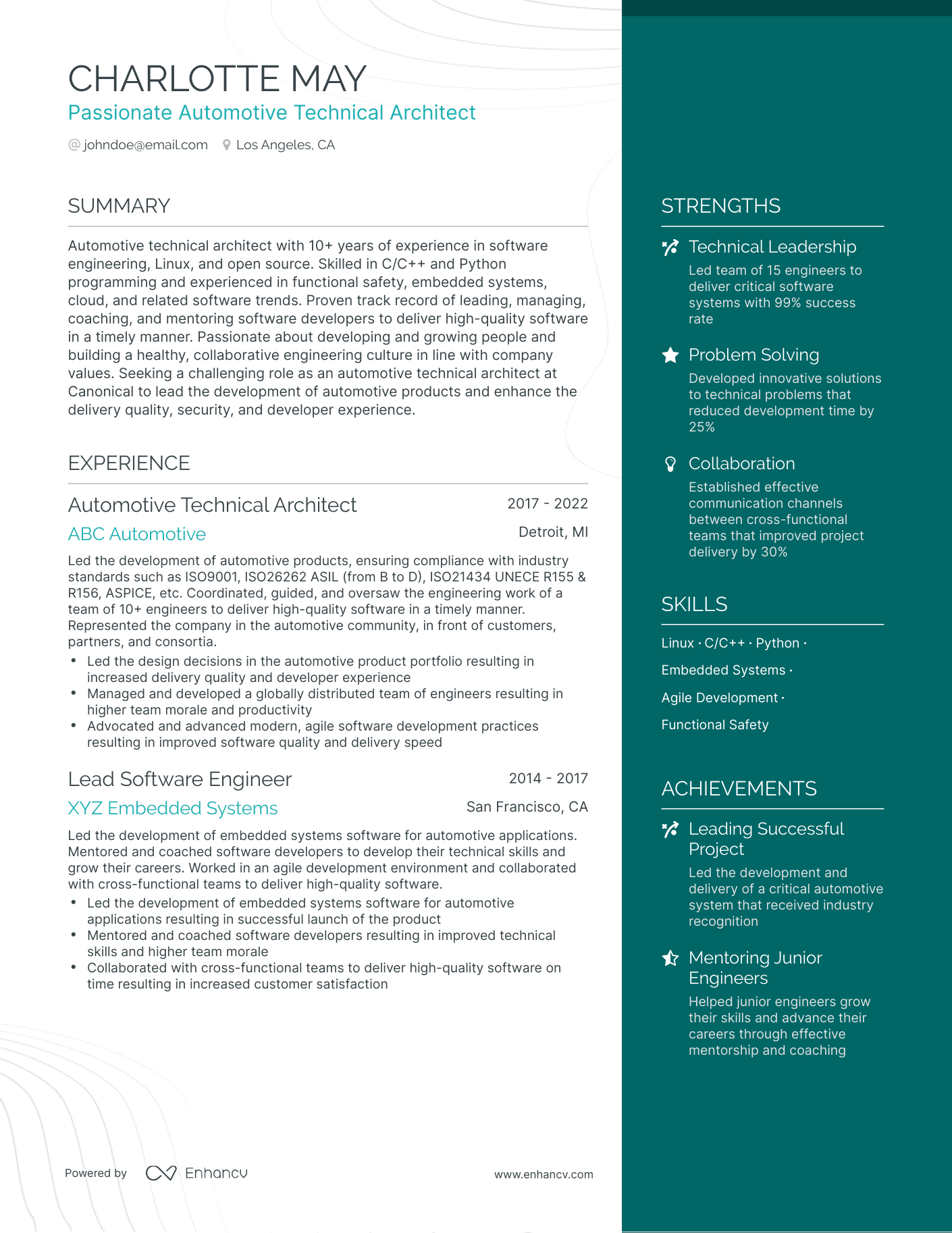 One Page Automotive Engineering Resume Template