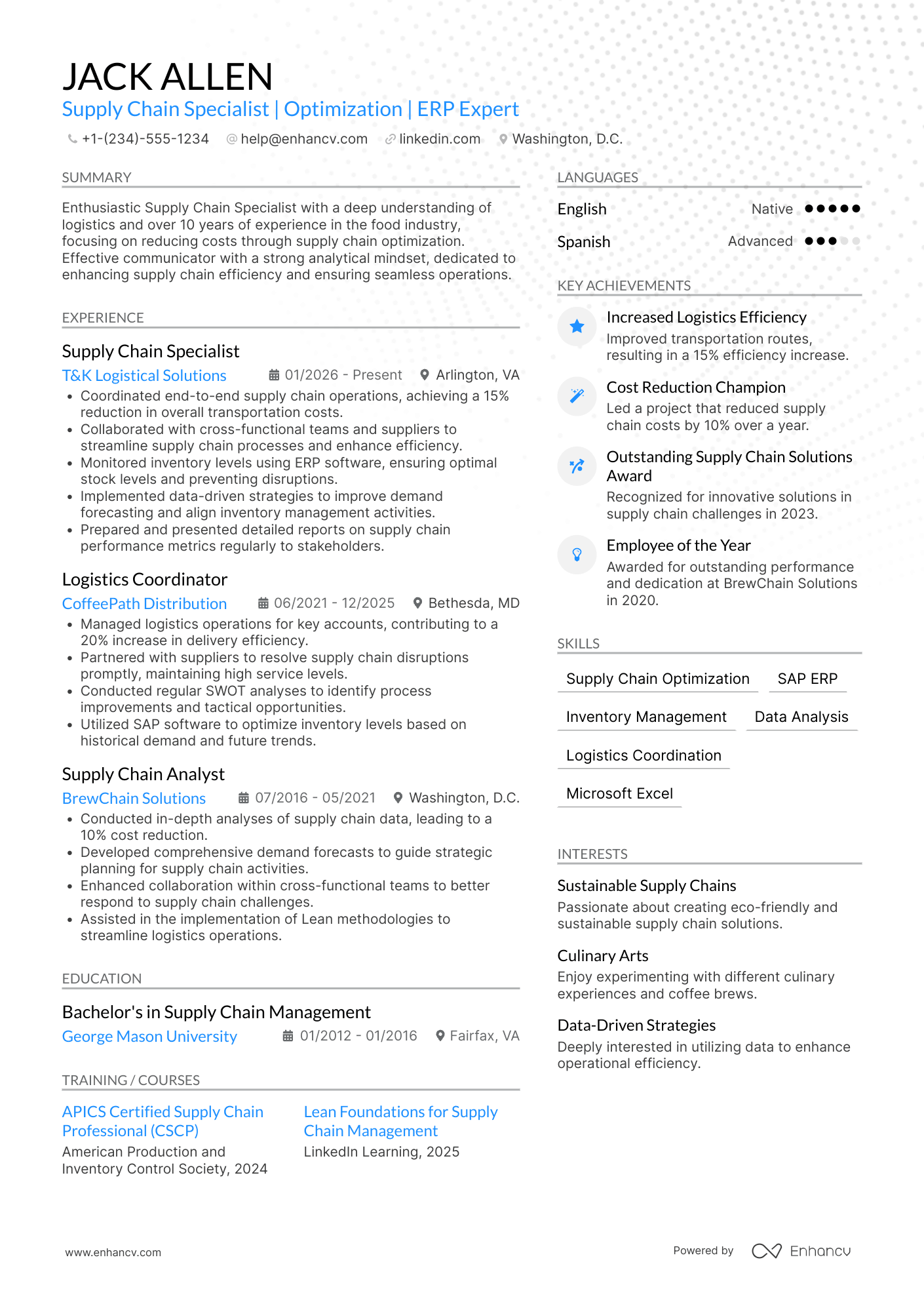 A resume example of a Starbucks Supply Chain Specialist