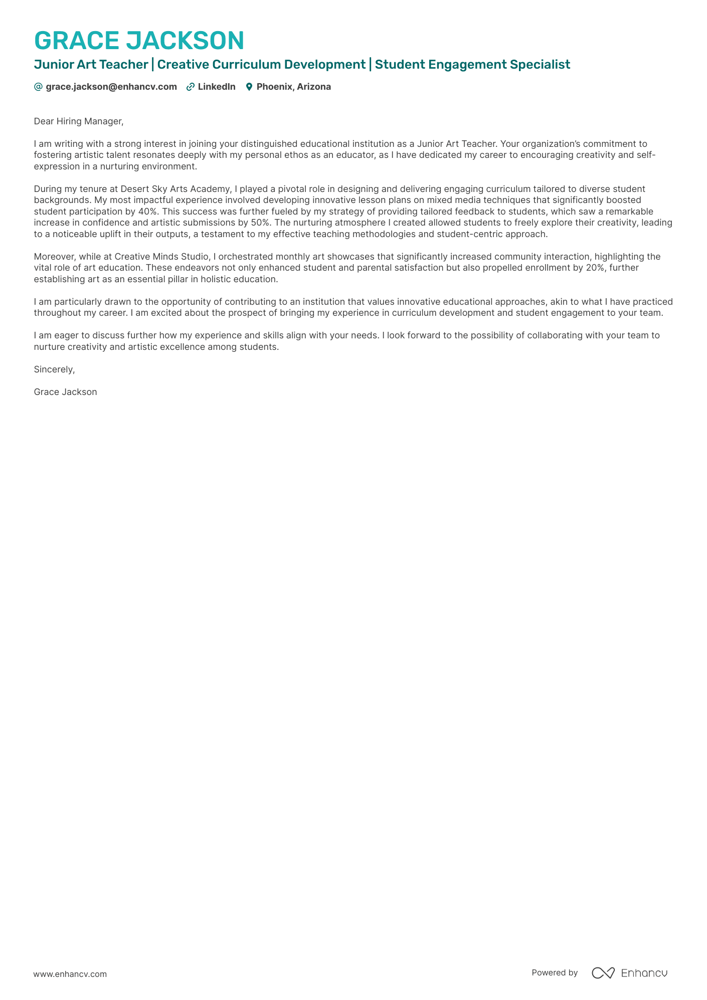 A resume example of a Junior Art Teacher