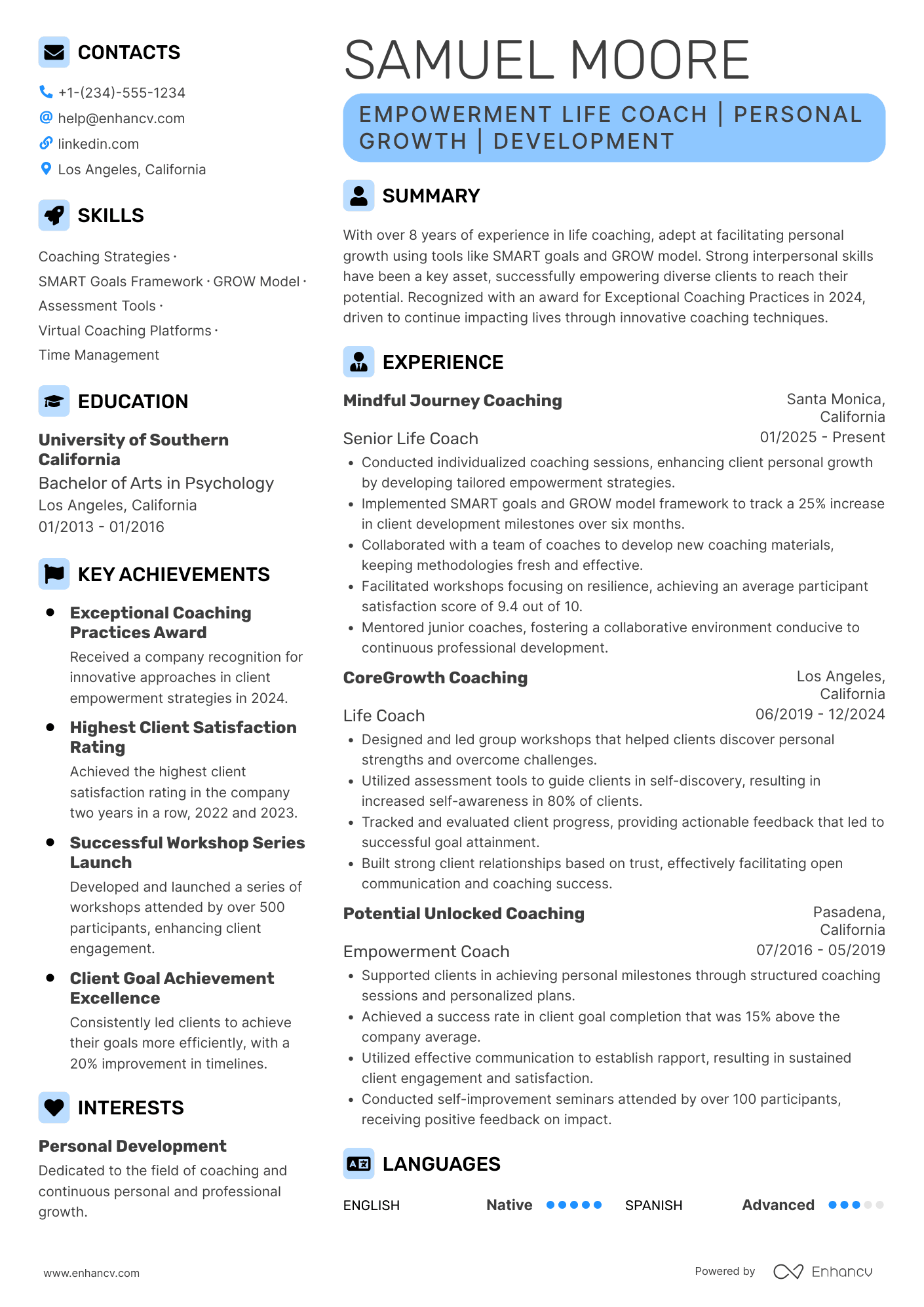 A resume example of a Empowerment Life Coach