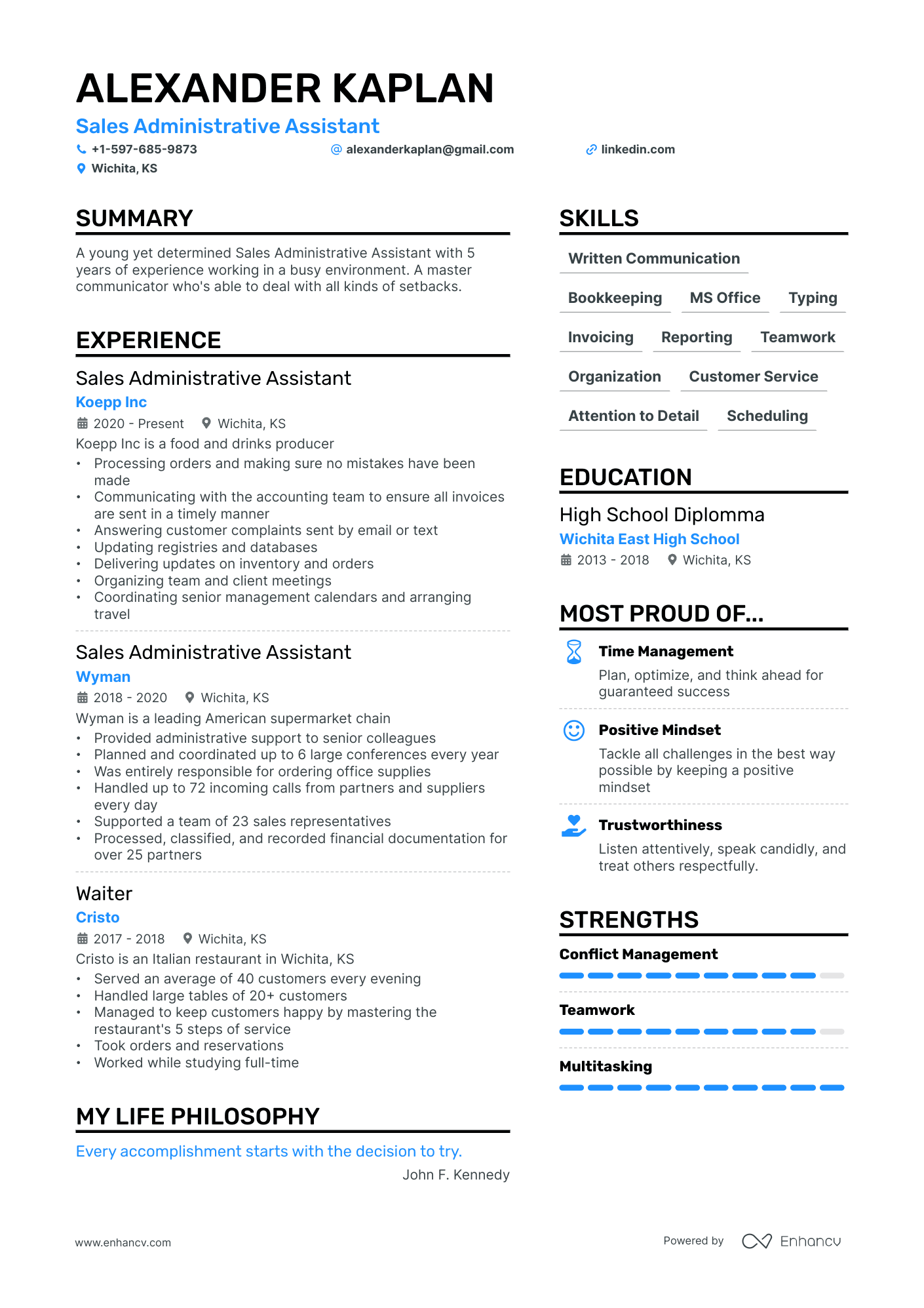 A resume example of a Sales Administrative Assistant