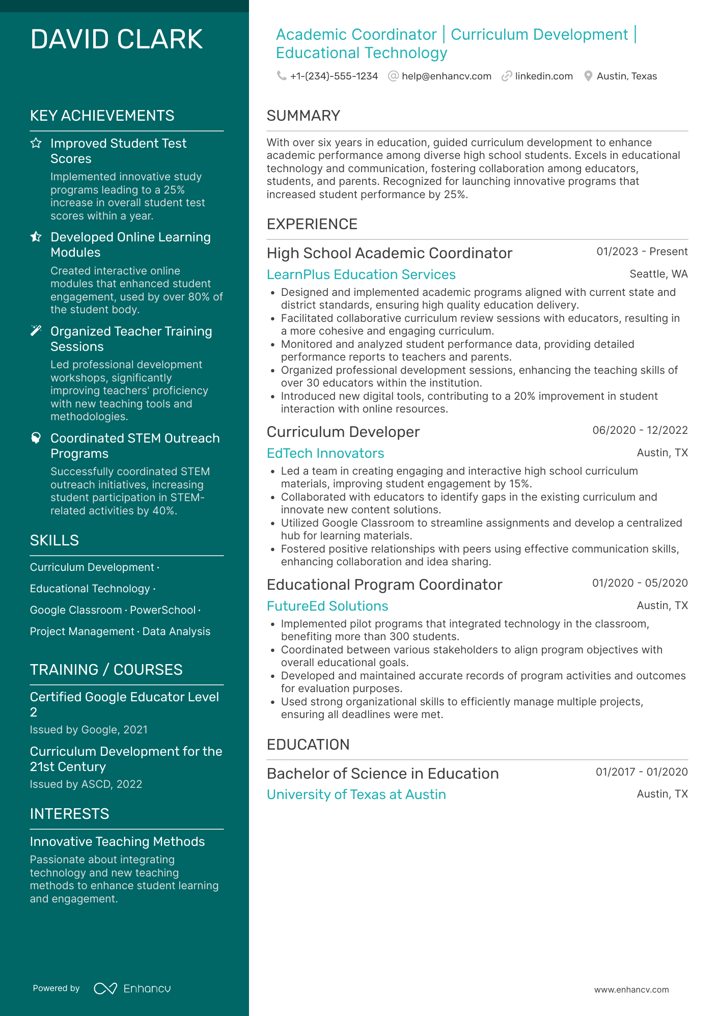 A resume example of a High School Academic