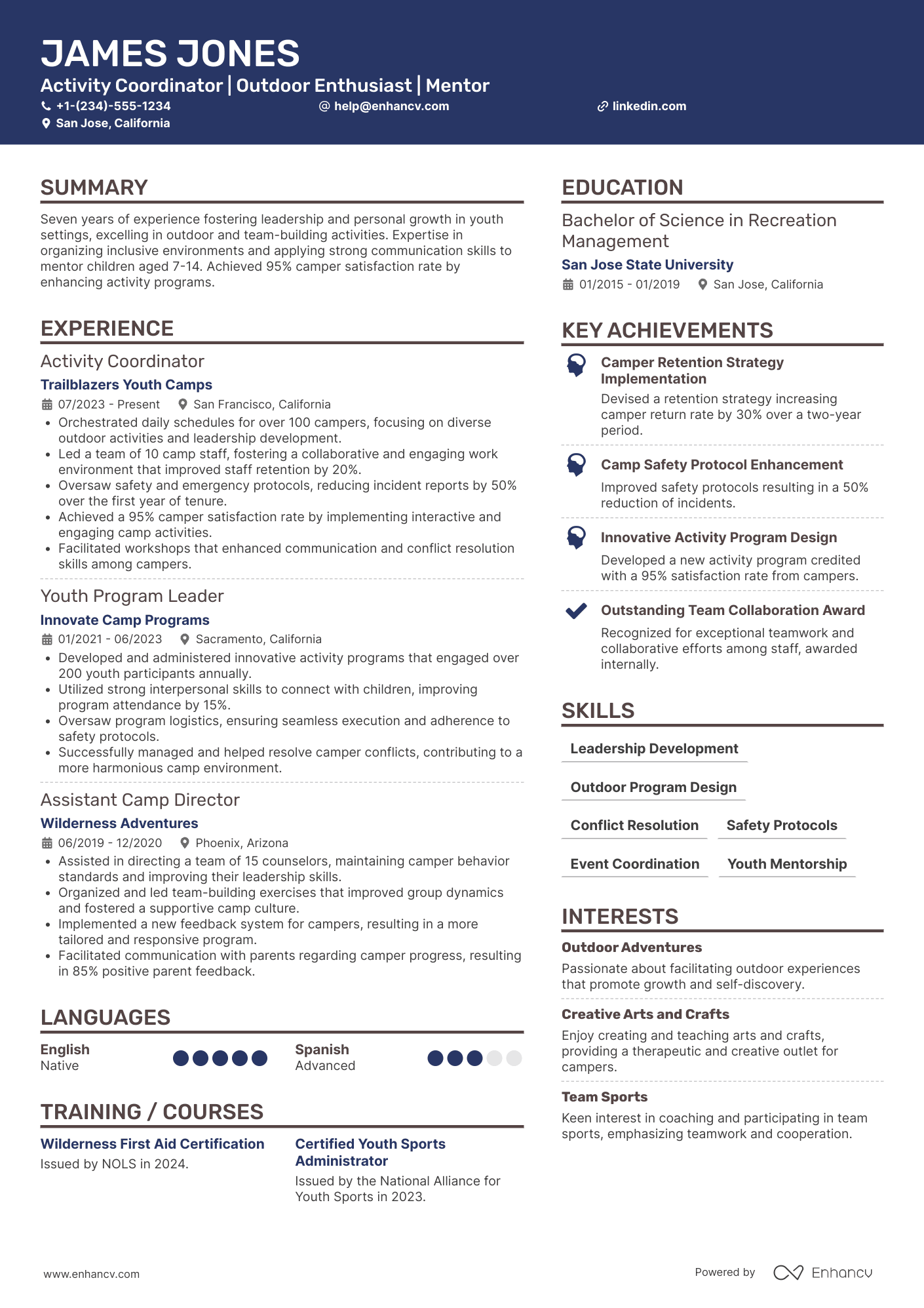 A resume example of a Youth Camp Counselor