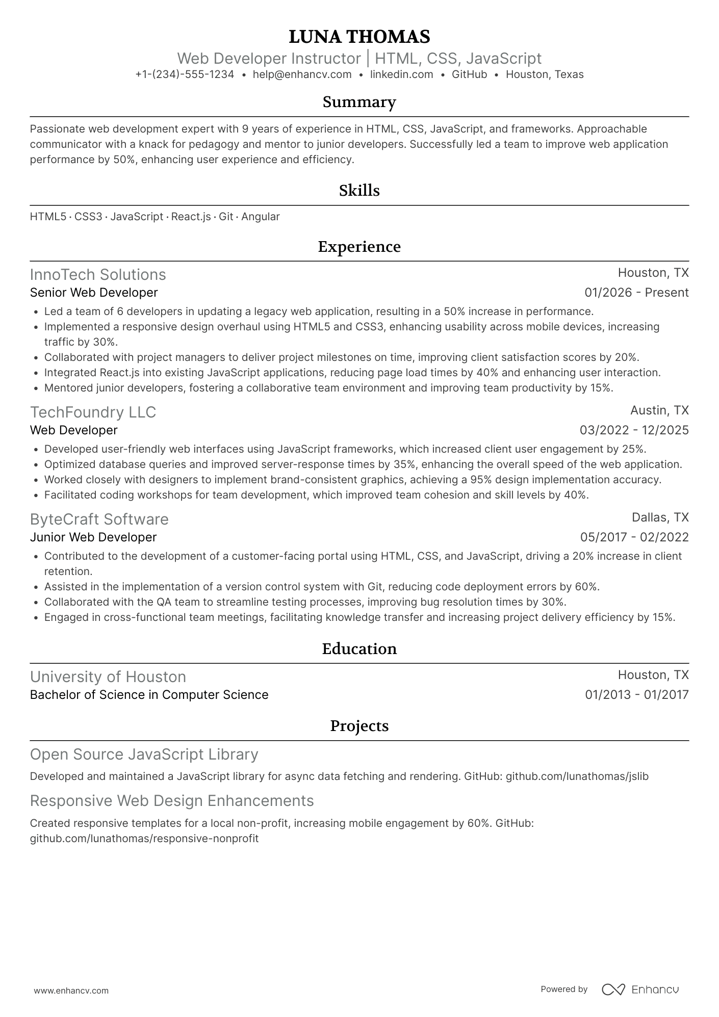A resume example of a Web Developer Instructor