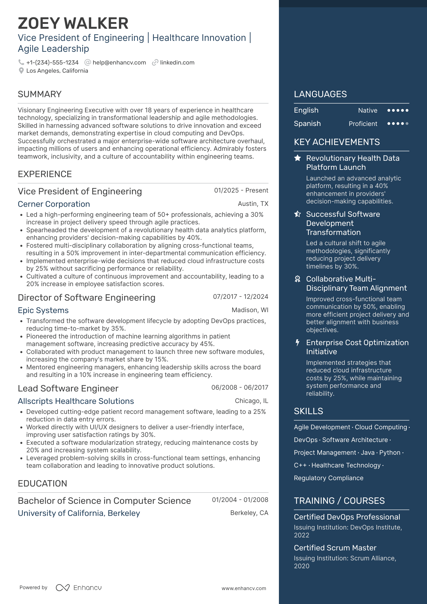 A resume example of a Vice President of Engineering