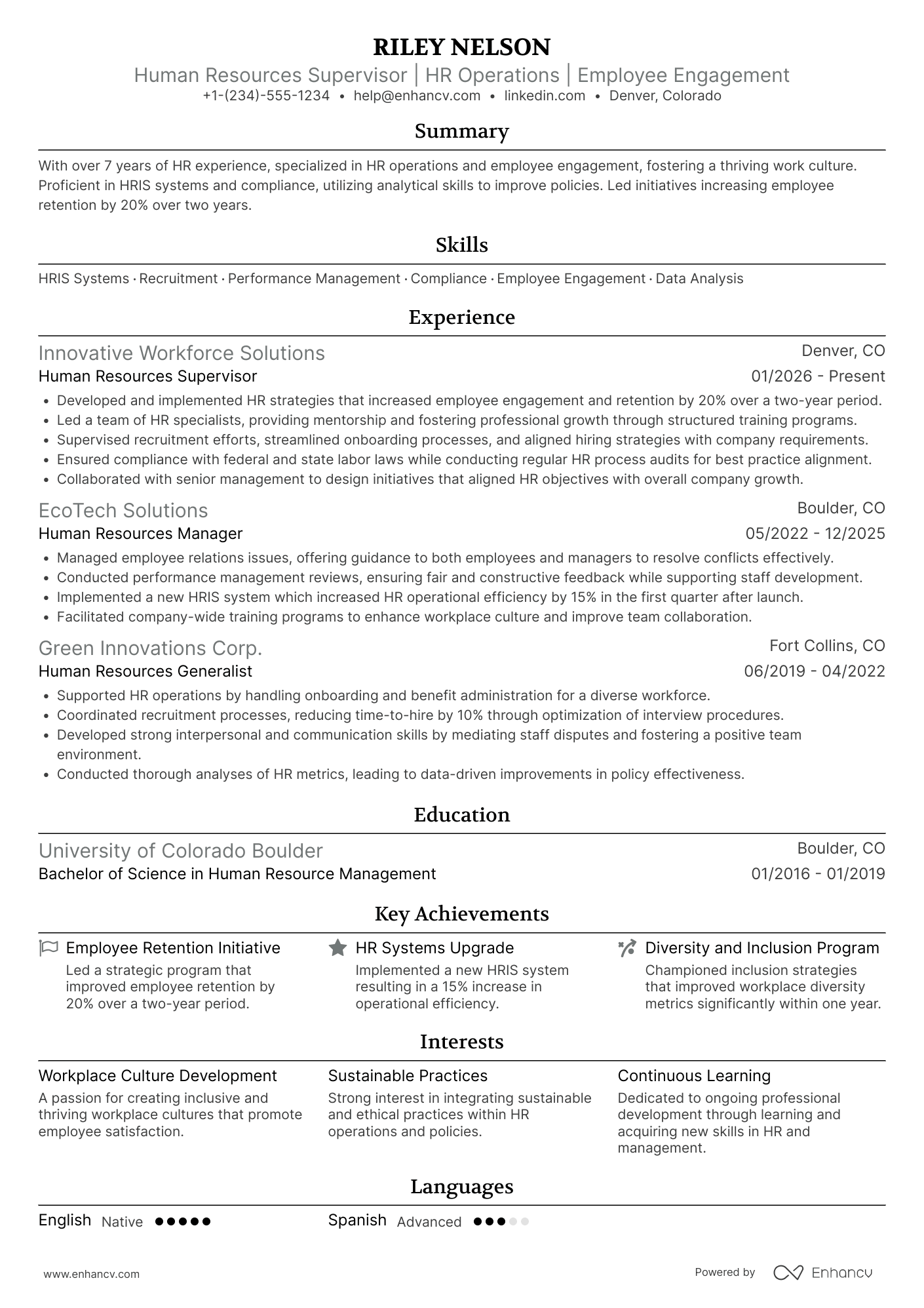A resume example of a Human Resources Supervisor