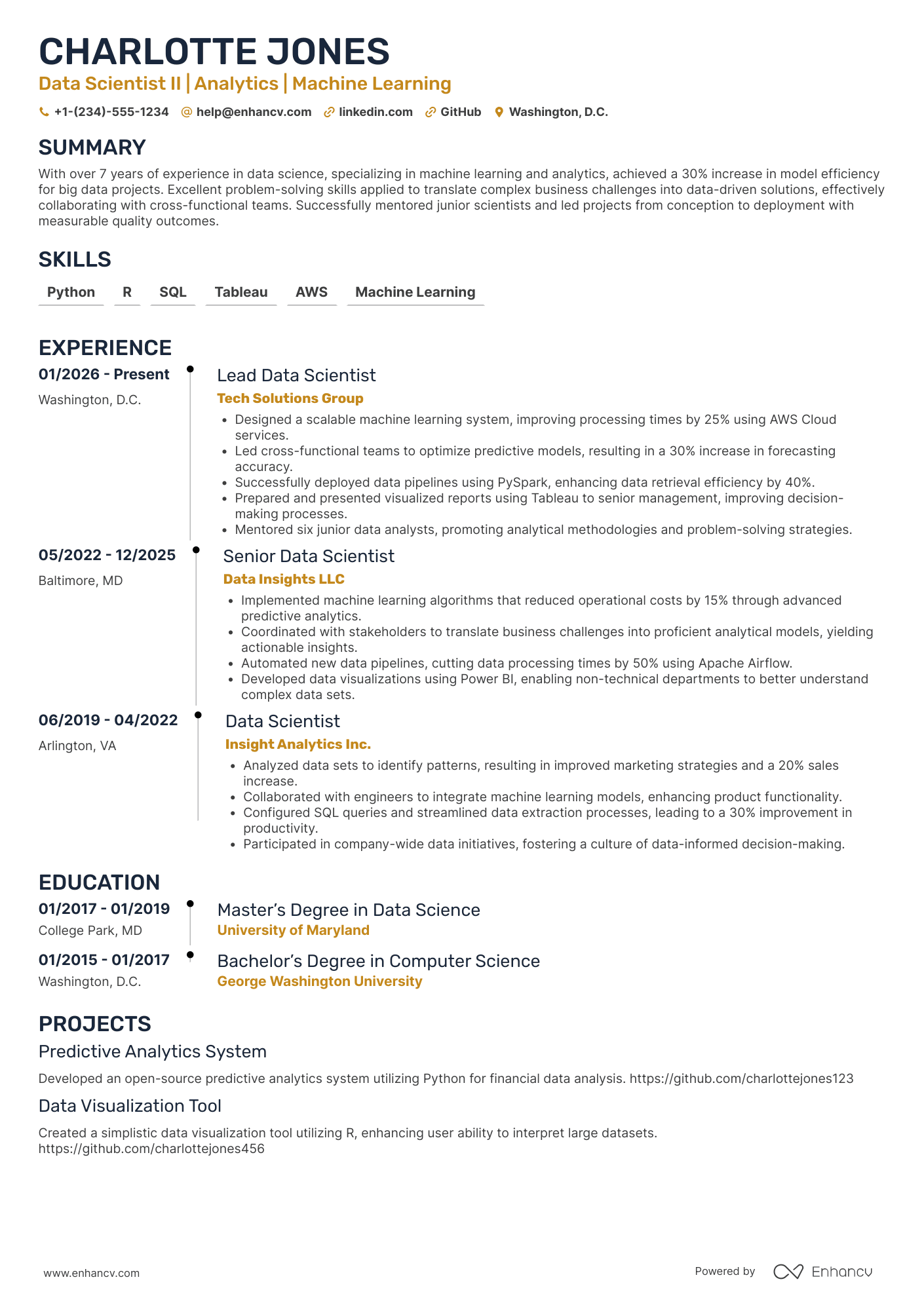 A resume example of a Data Scientist II