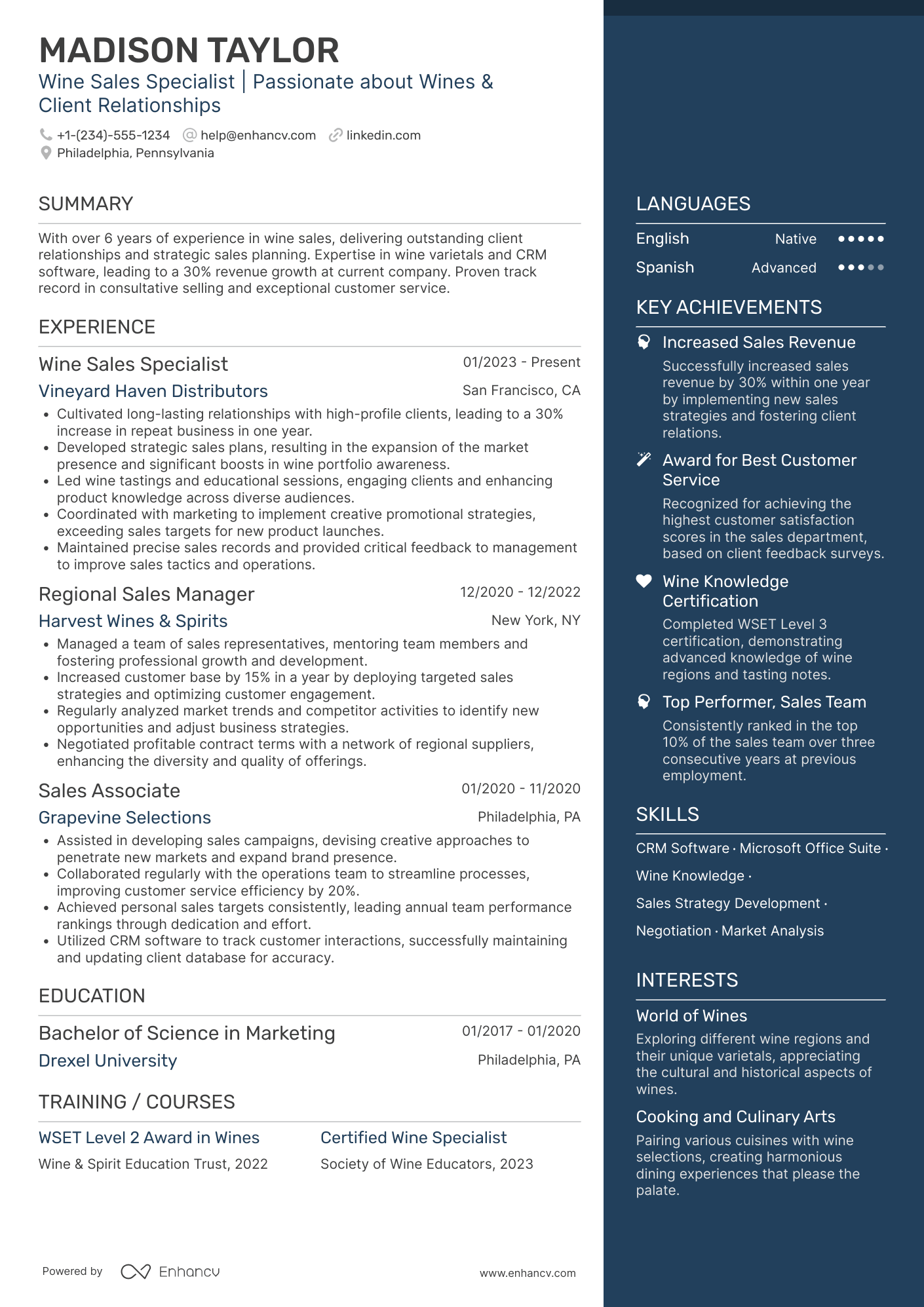 A resume example of a Wine Sales