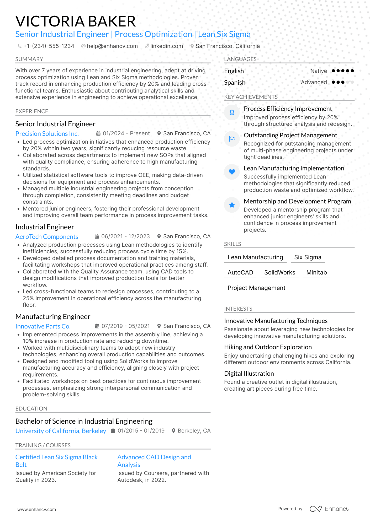 A resume example of a Senior Industrial Engineer