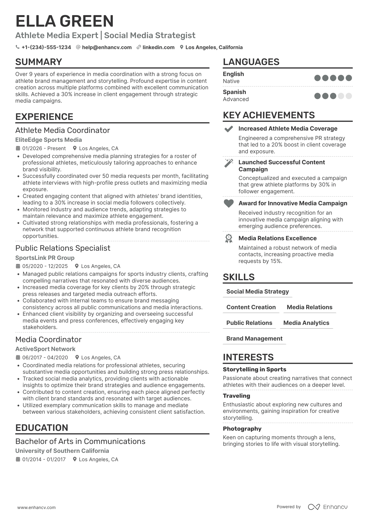A resume example of a Athlete Media Coordinator
