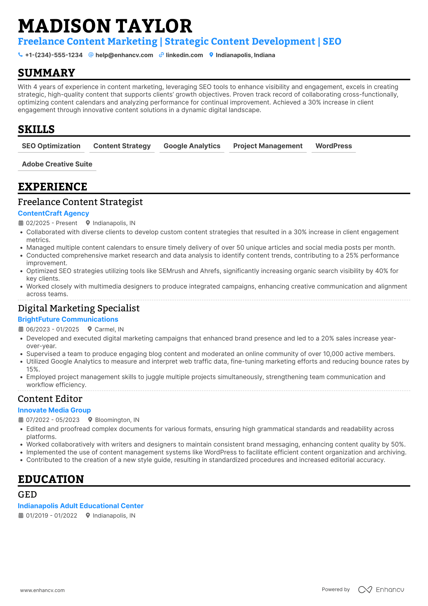 A resume example of a Freelance Contractor