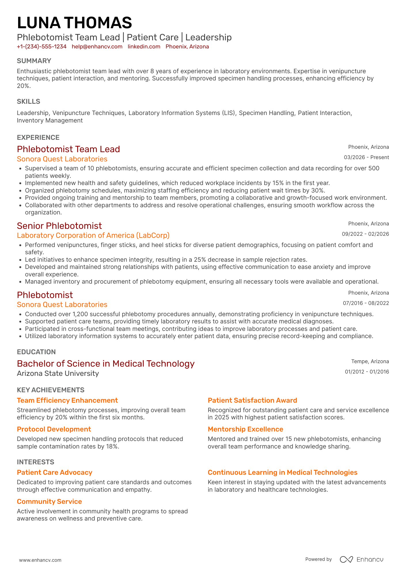 A resume example of a Phlebotomist Team Lead