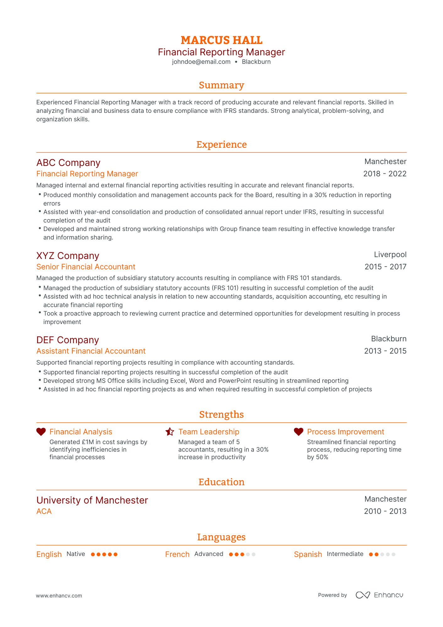 Traditional Financial Reporting Manager Resume Template
