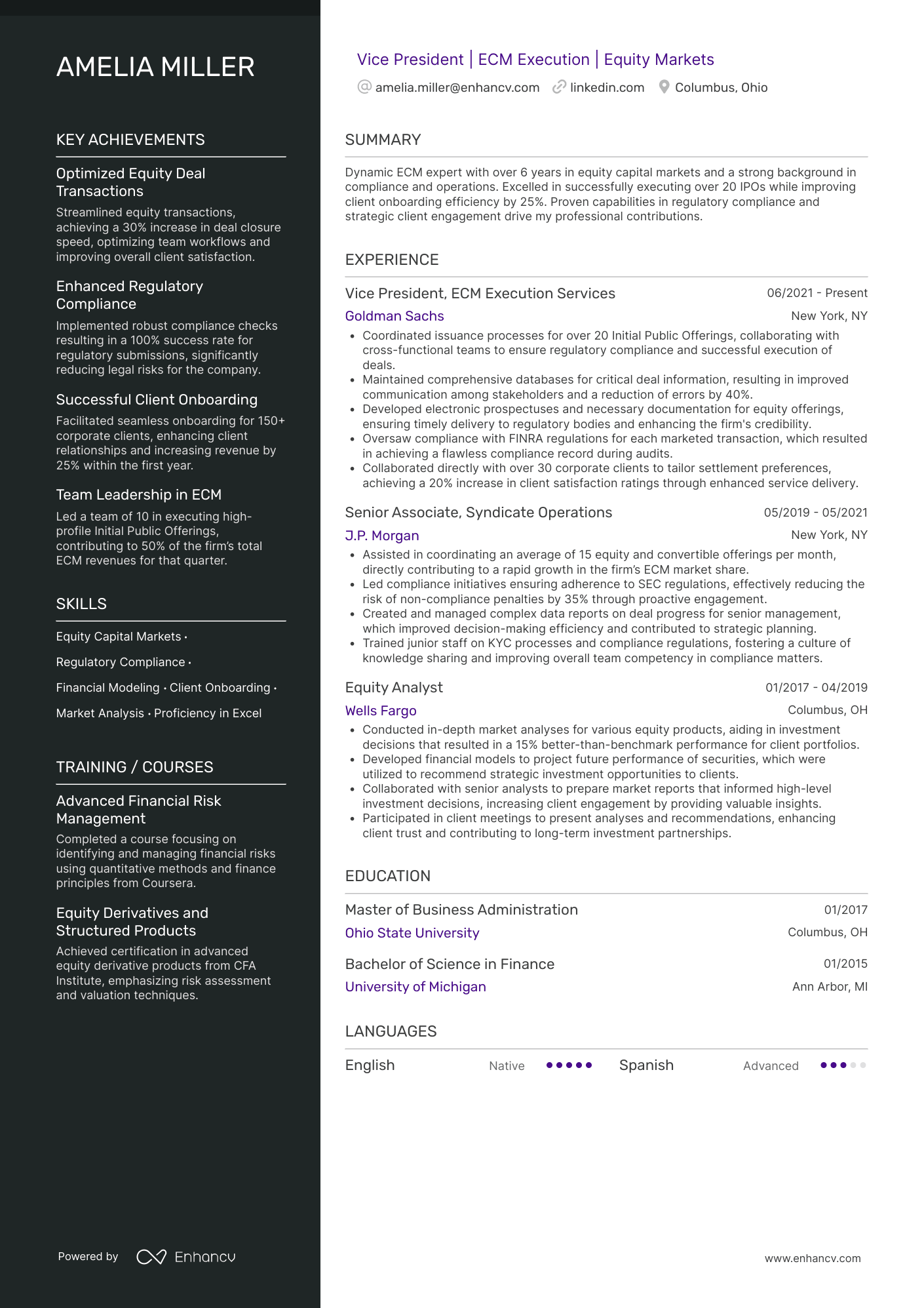 A resume example of a Equity Capital Markets Resume