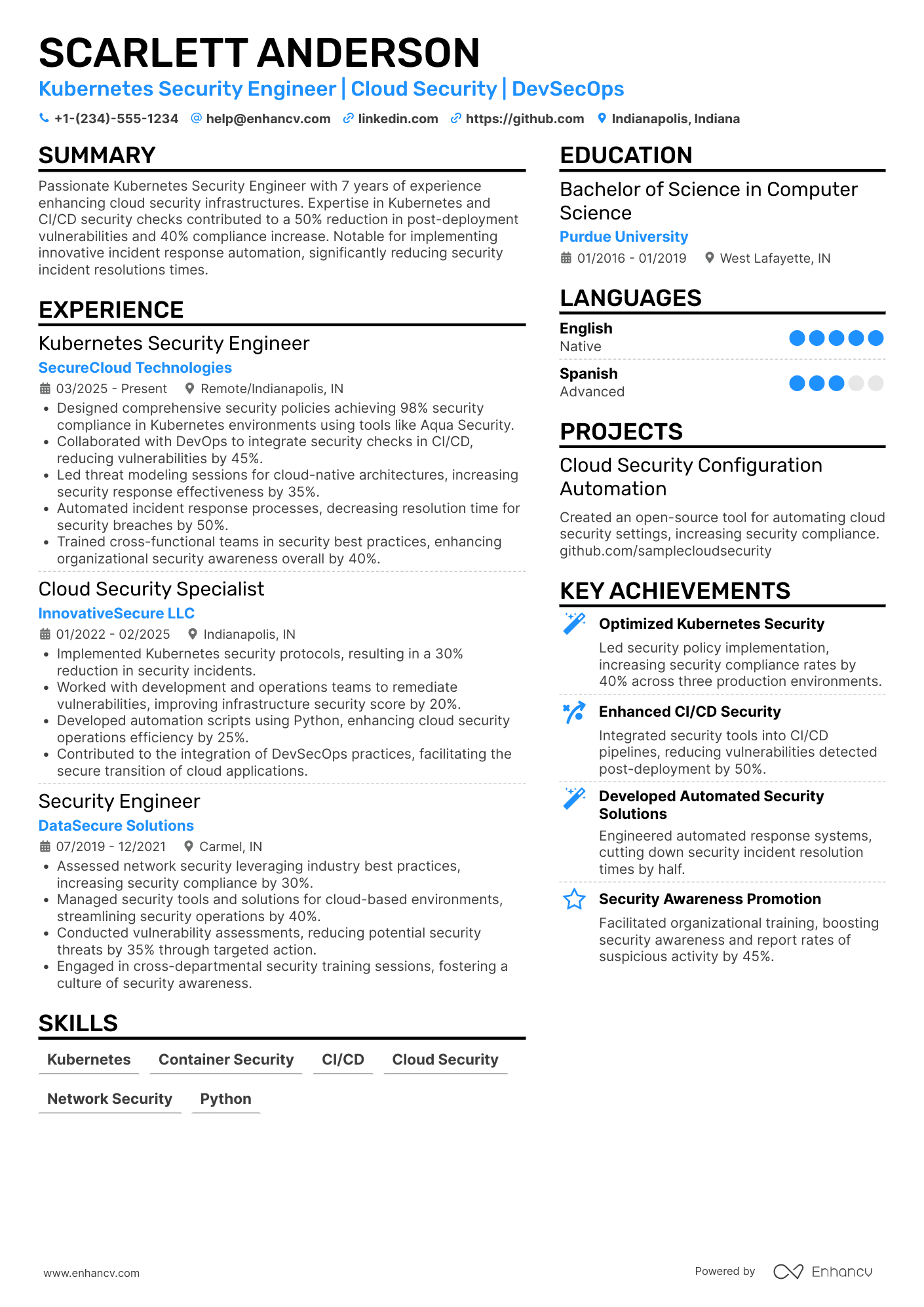 A resume example of a Kubernetes Security Engineer