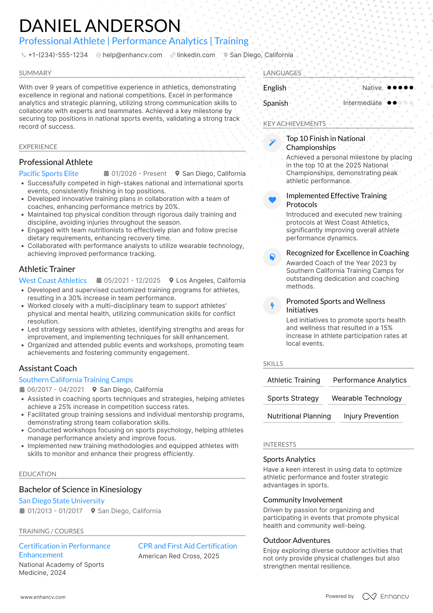 A resume example of a Athlete