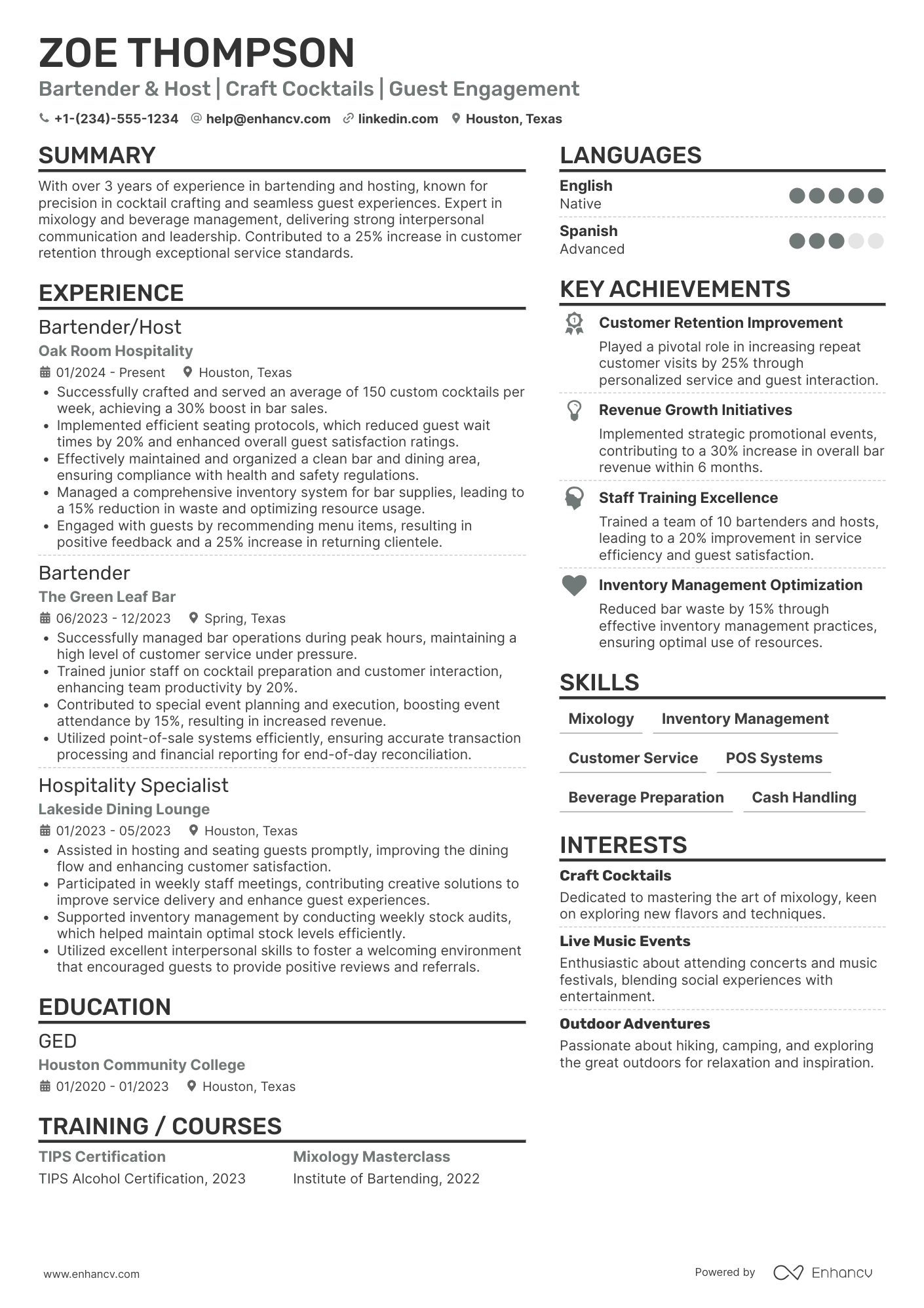 A resume example of a Bartender/Host