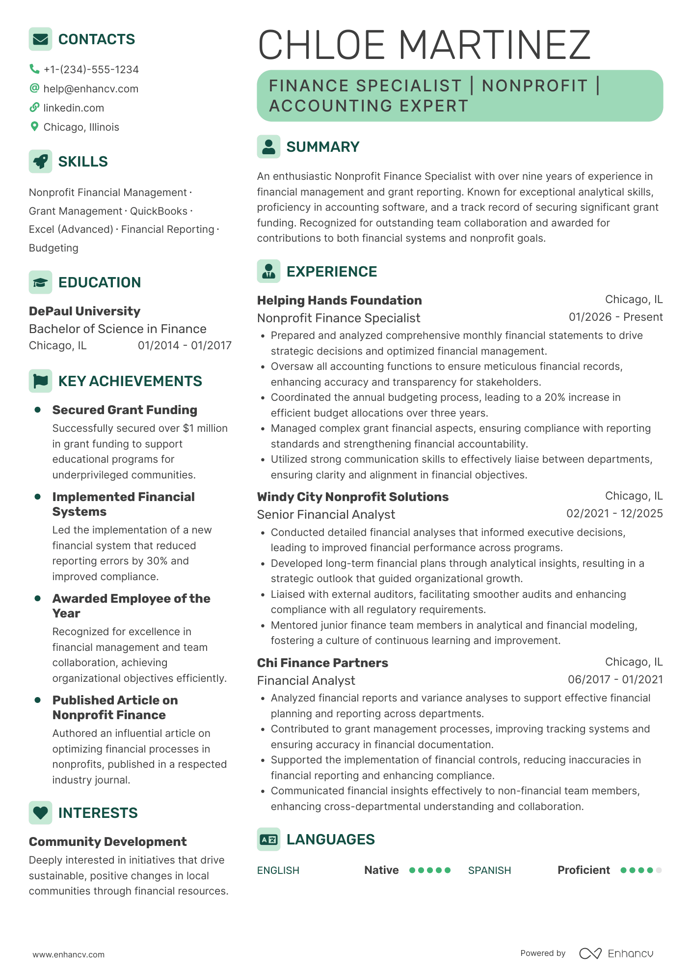 A resume example of a Nonprofit Finance Specialist