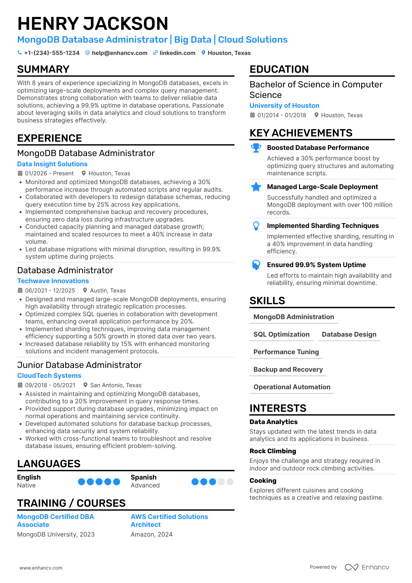 A resume example of a MongoDB