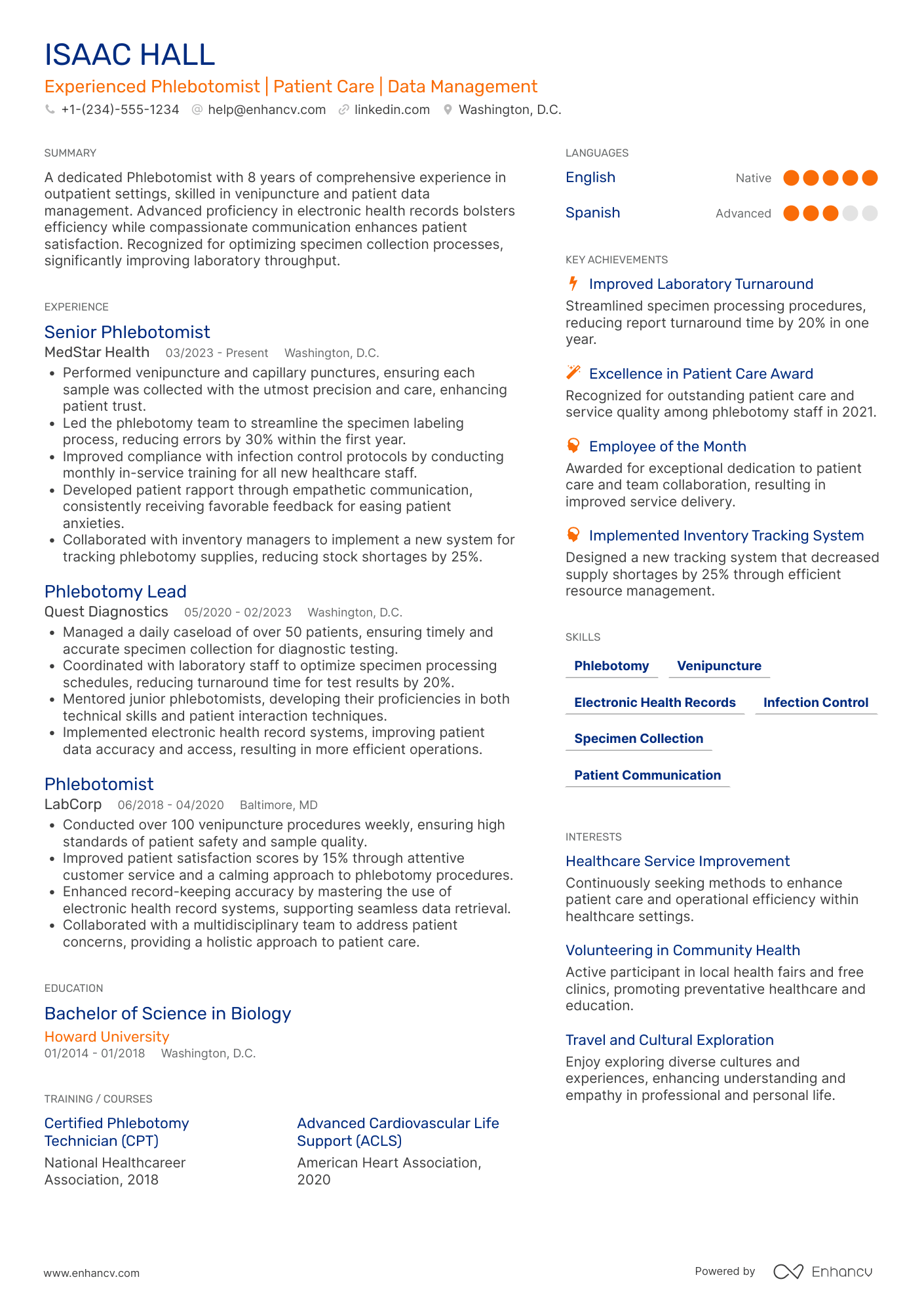 A resume example of a Outpatient Phlebotomist