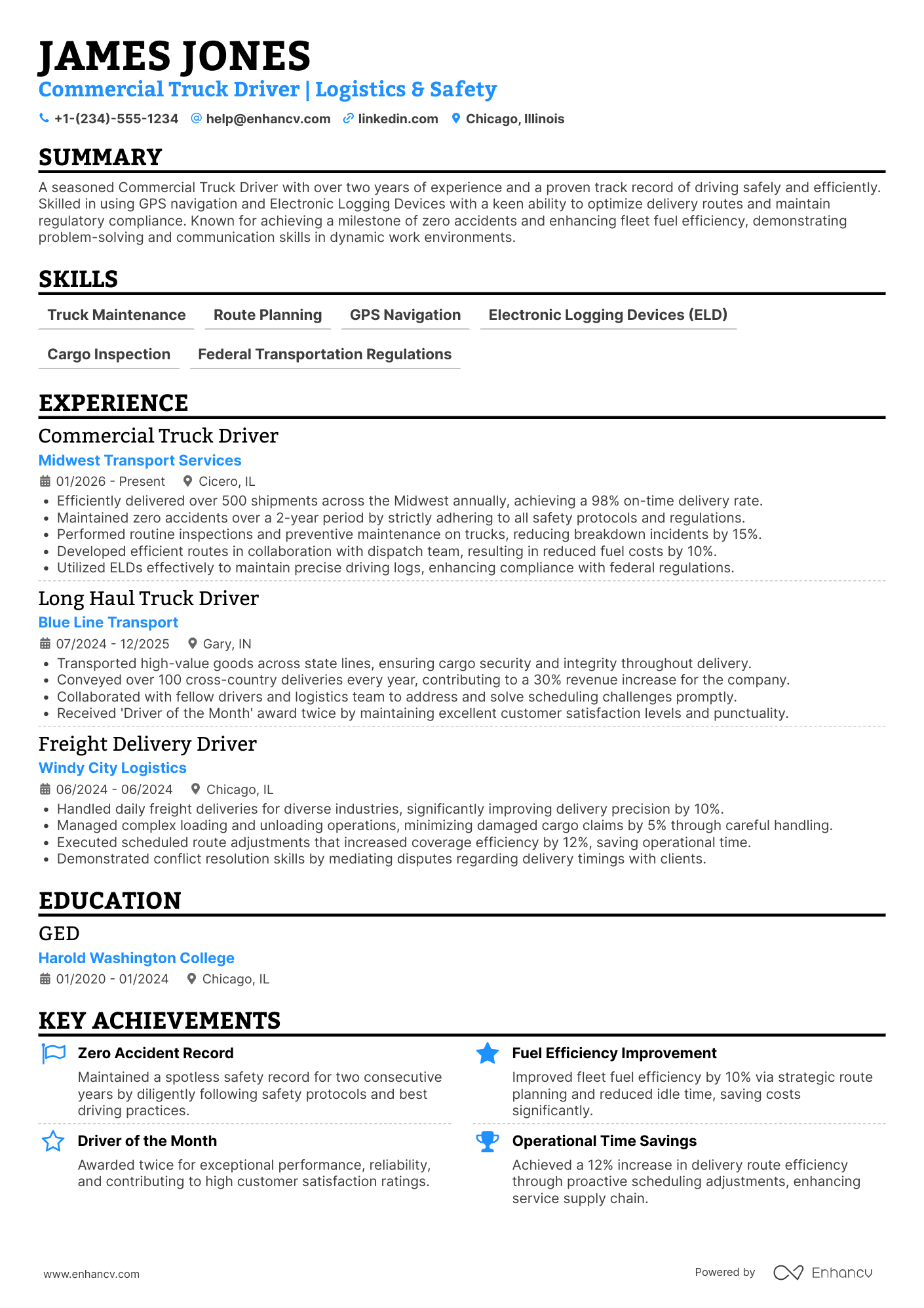 A resume example of a Commercial Truck Driver
