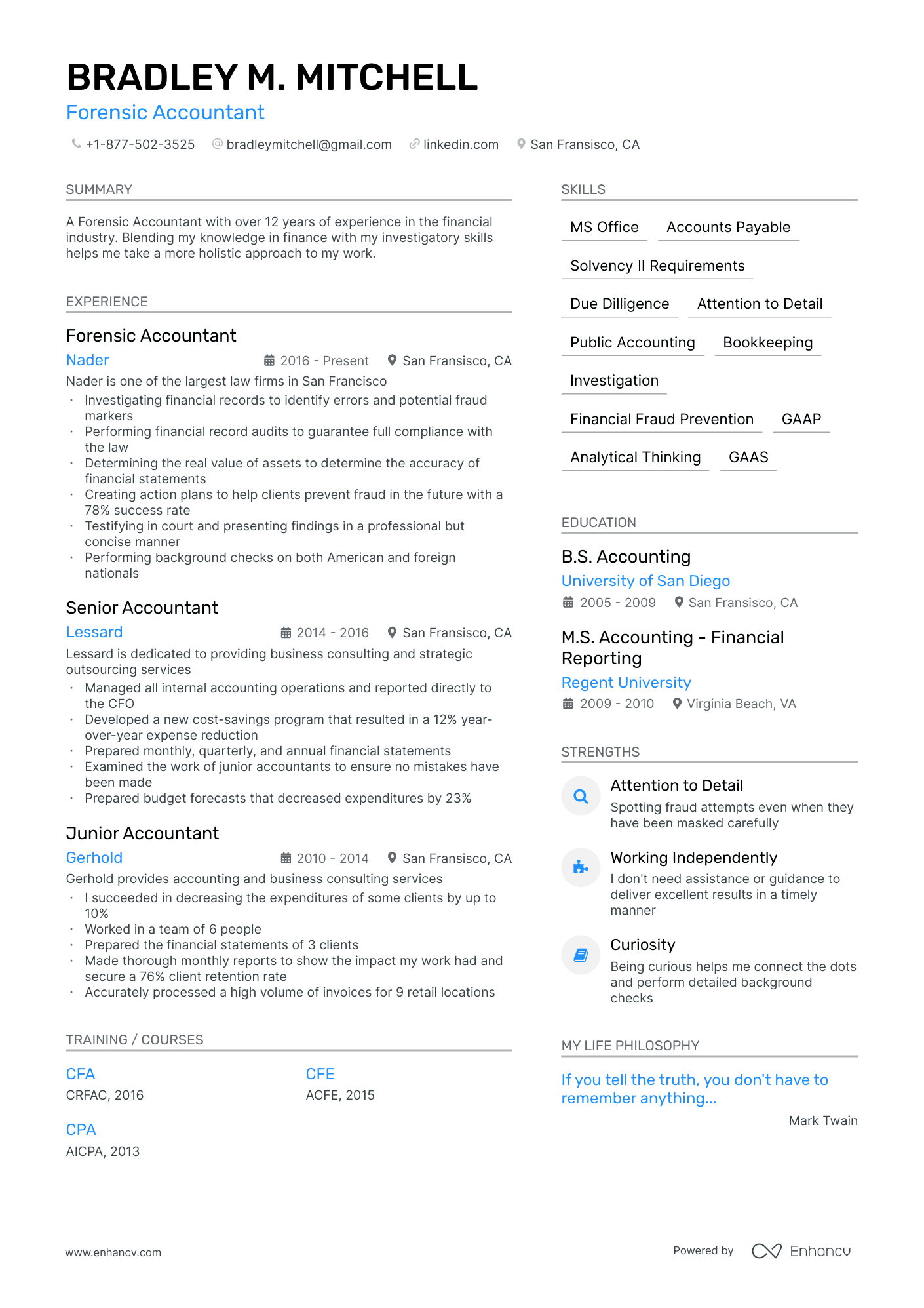 A resume example of a Forensic Accounting