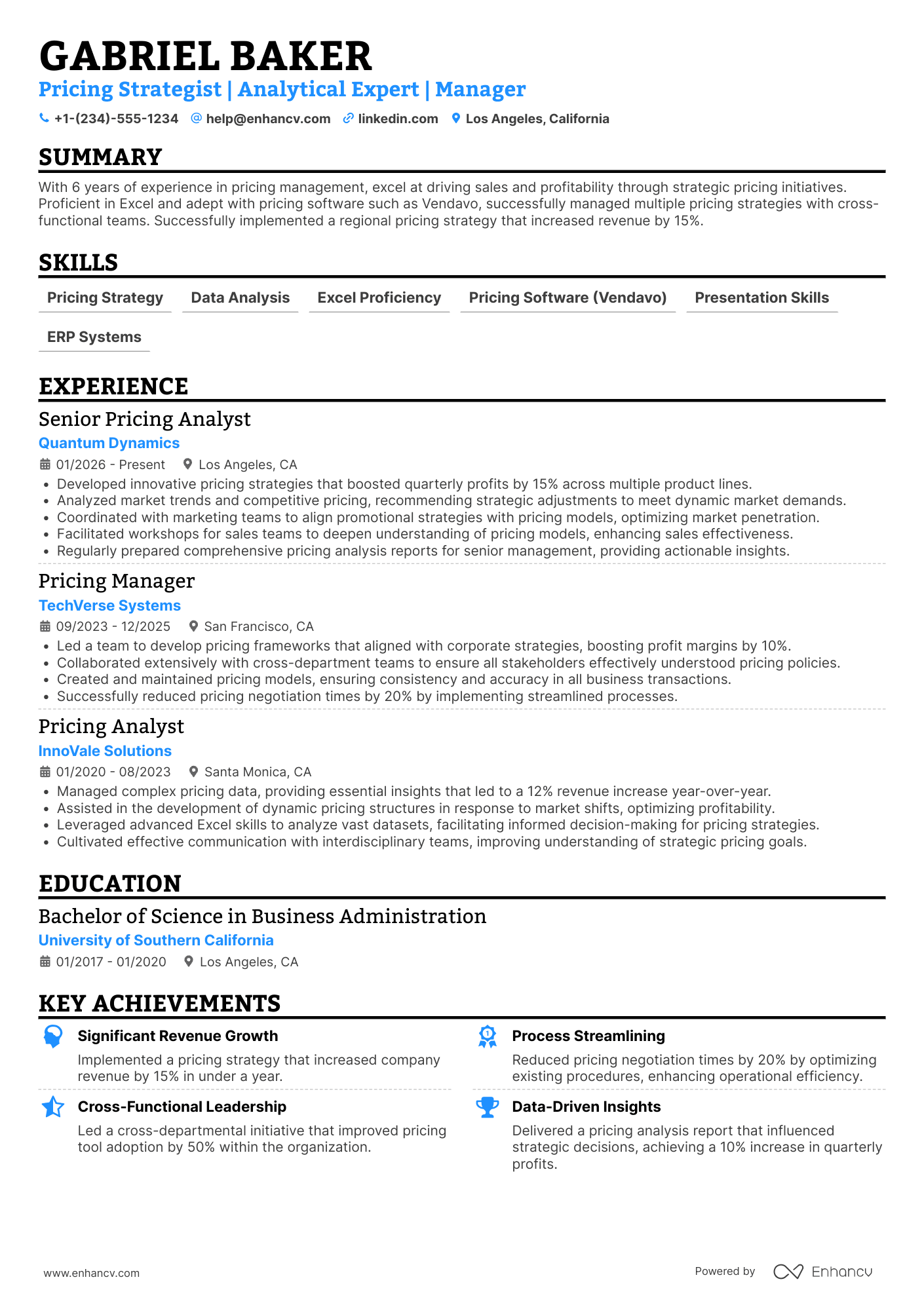 A resume example of a Regional Pricing Manager