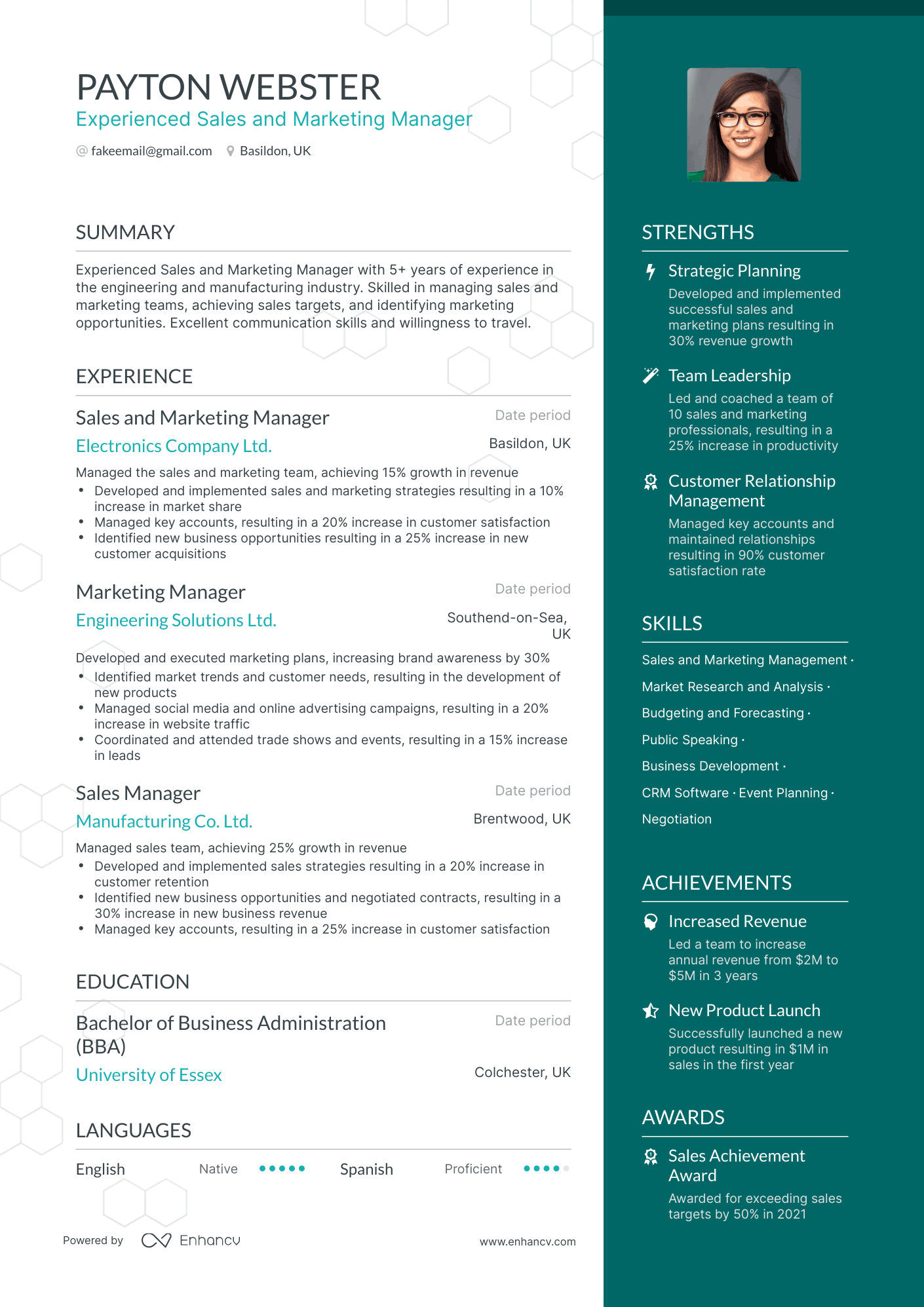 One Page Sales Marketing Manager Resume Template