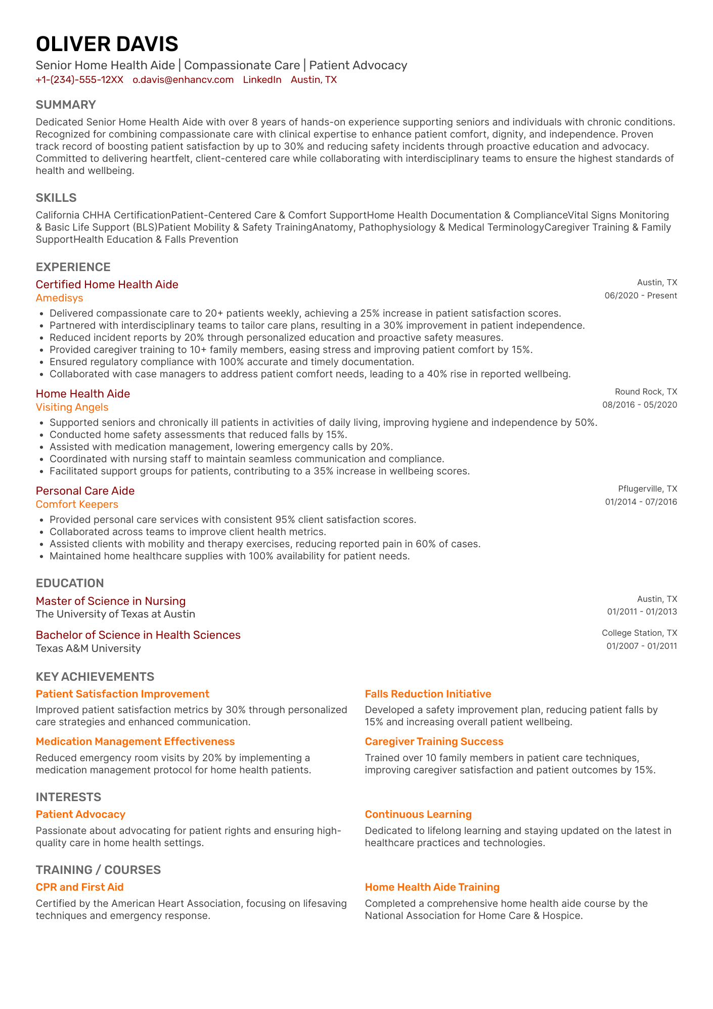 A resume example of a Senior Home Health Aide