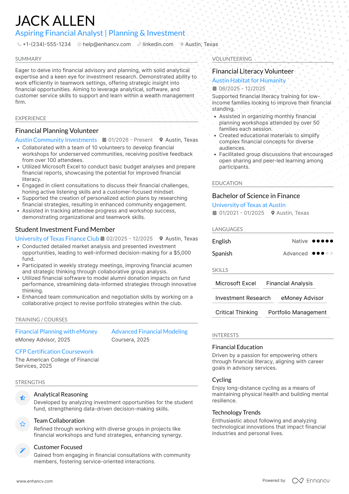 A resume example of a Financial Advisor Intern