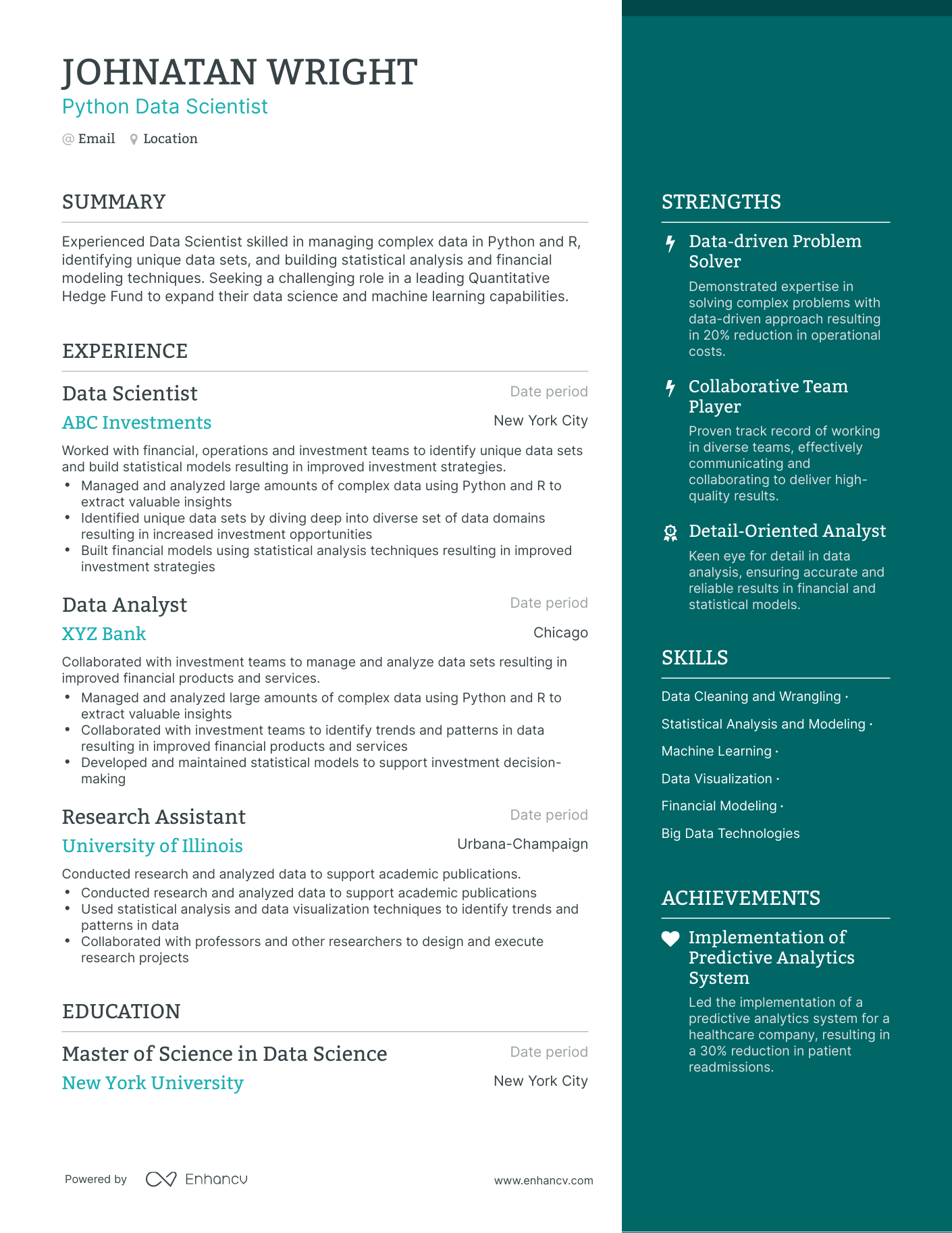One Page Python Data Scientist Resume Template