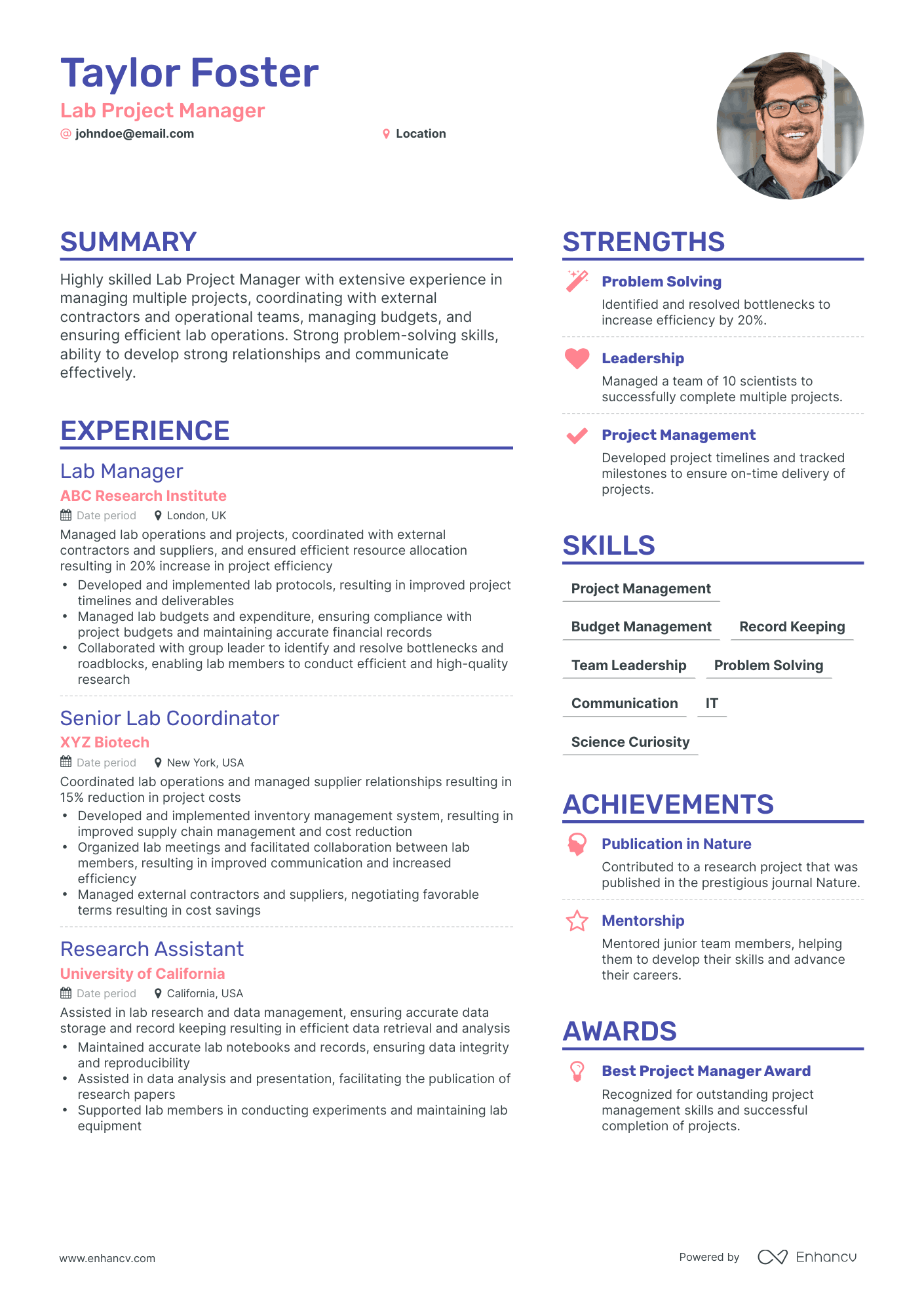 Simple Lab Manager Resume Template