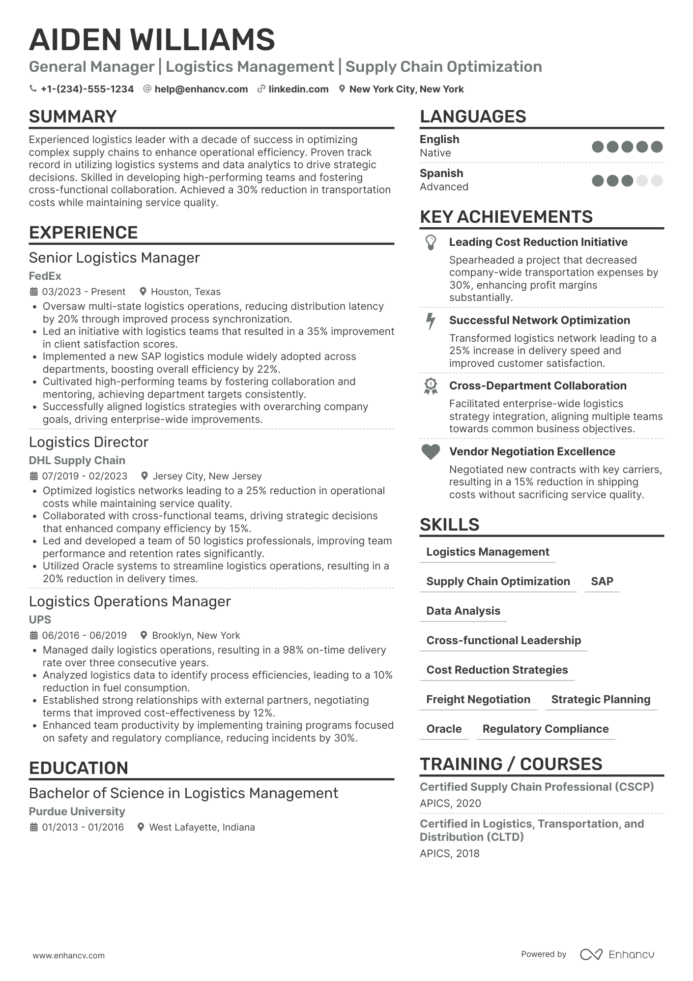 A resume example of a General Manager of Logistics